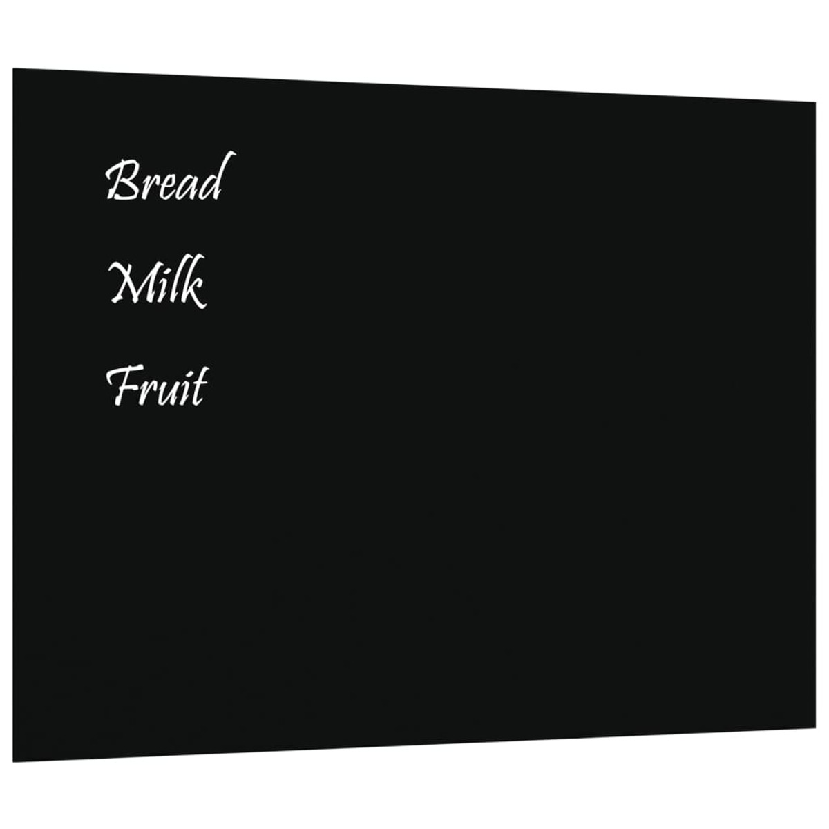 Schwarze Tafel mit weißem Text: Brot, Milch, Obst.