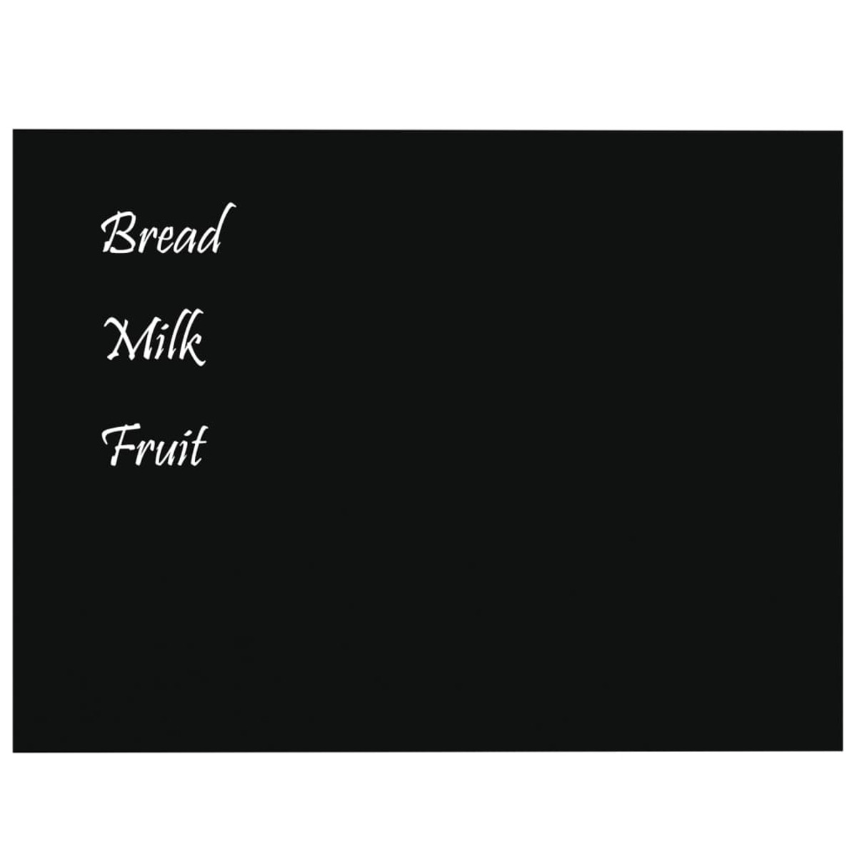 Ein schwarzer Hintergrund mit den weißen Wörtern 'Bread', 'Milk' und 'Fruit'.