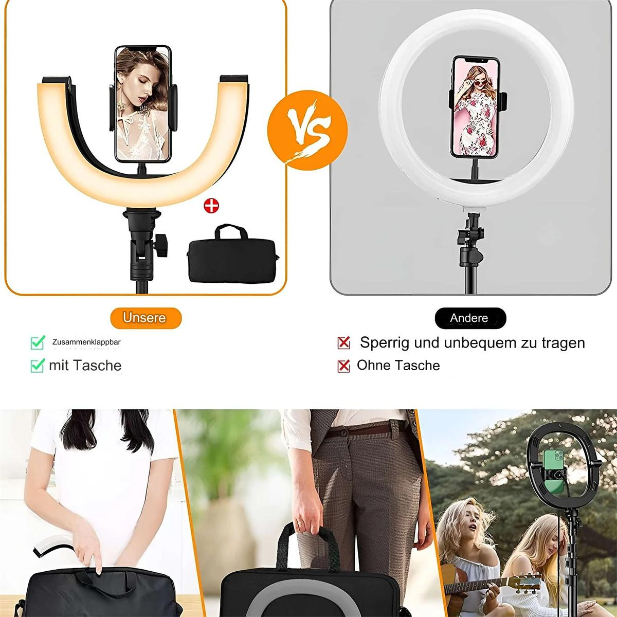 Vergleich: Ringlicht vs. gebogenes Licht. Eins mit Tasche, das andere ohne.