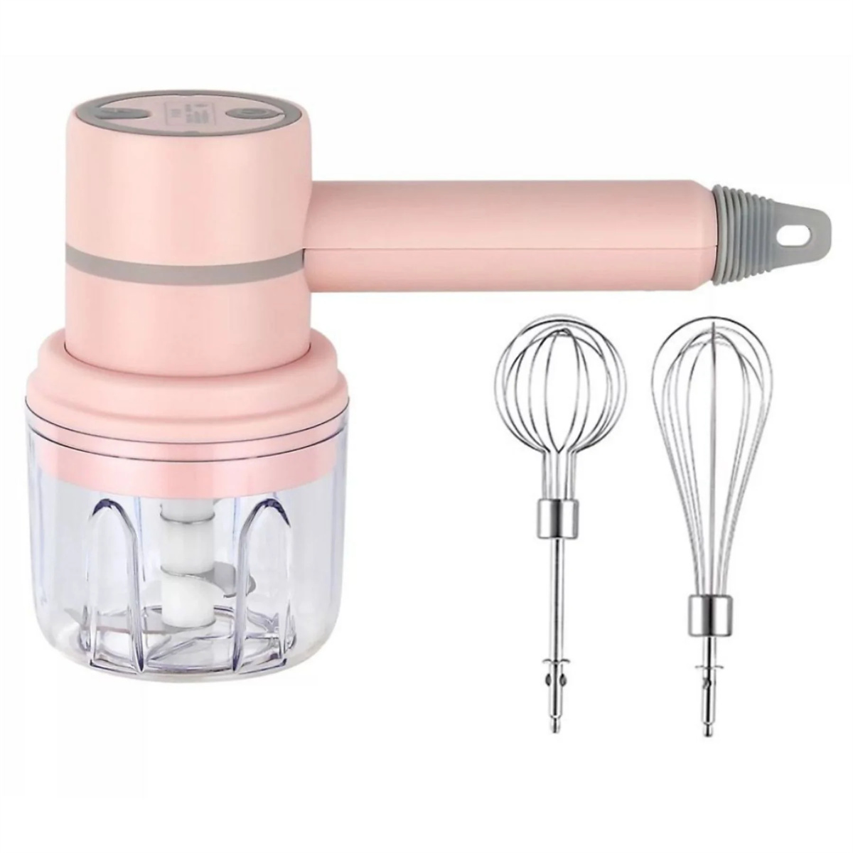Rosa elektrischer Mixer mit Aufsätzen auf weißem Hintergrund. Transparente Kunststoffschüssel.