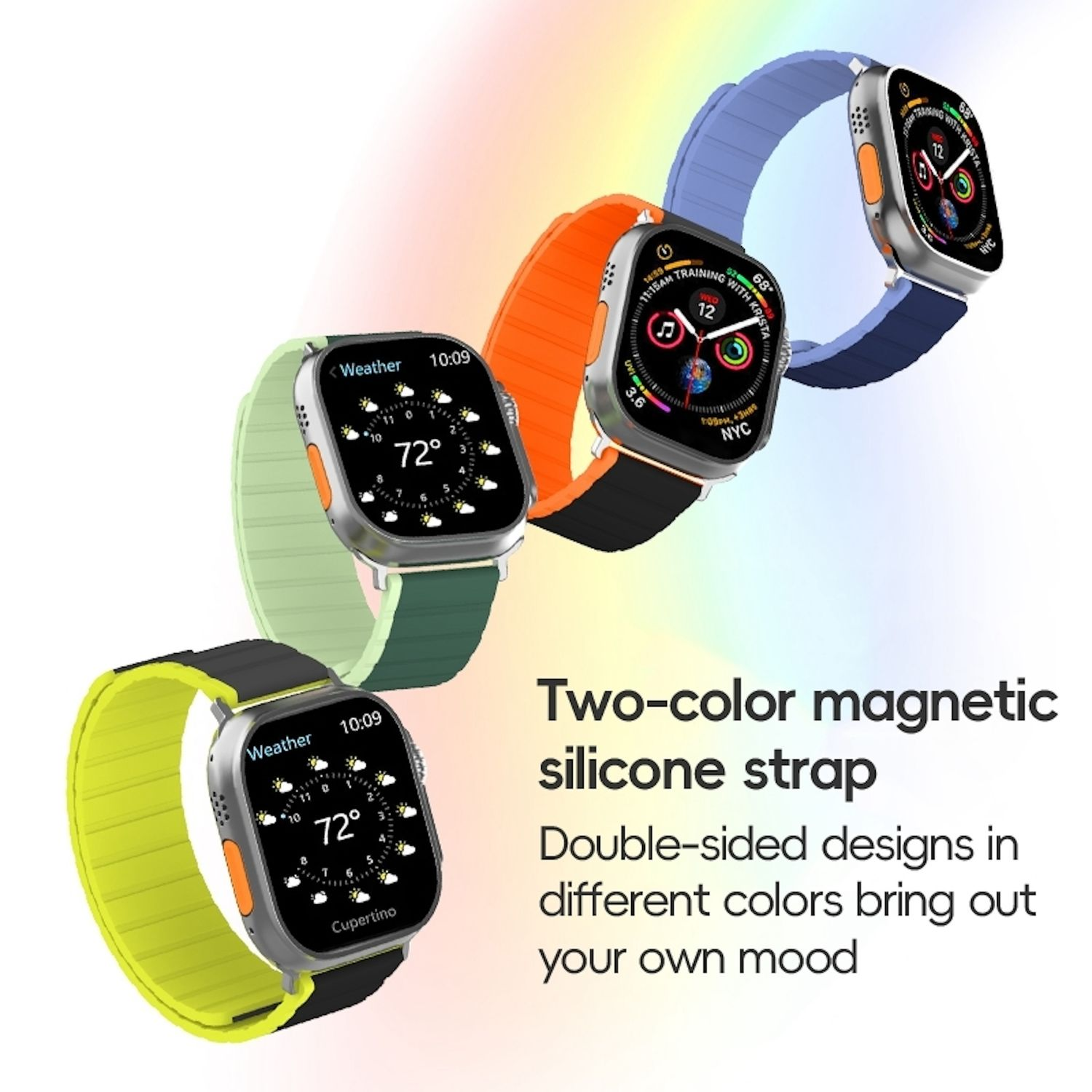 Smartwatches mit bunten Bändern, Text über zweifarbiges Silikon.
