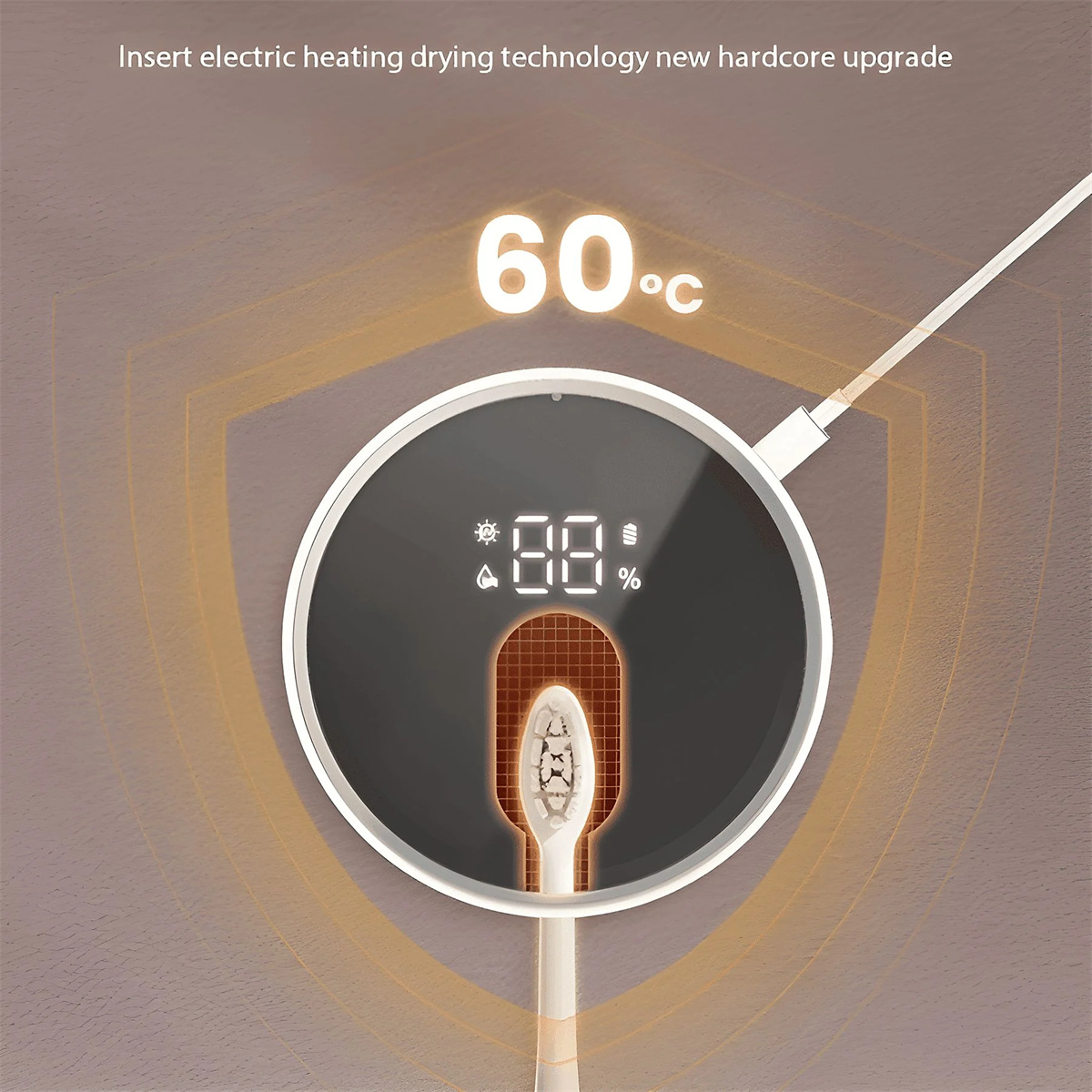 Rundes Display mit Zahlen und einem Zahnbürstenkopf. Text zeigt Heiztechnologie. Beiger Wandhintergrund.
