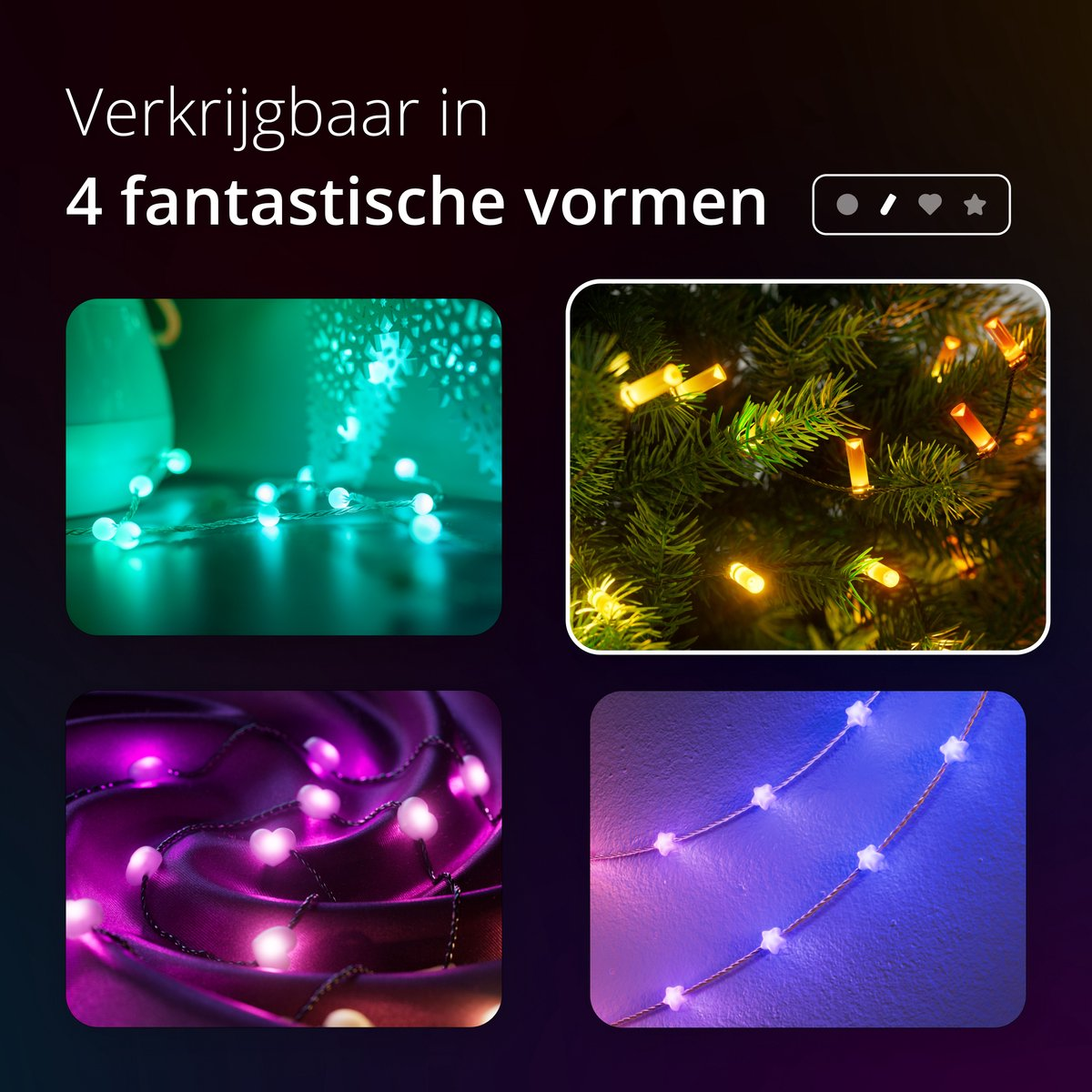 Cztery zdjęcia lampek choinkowych, w kolorach zielonym, żółtym, fioletowym i niebieskim. Różne kształty.