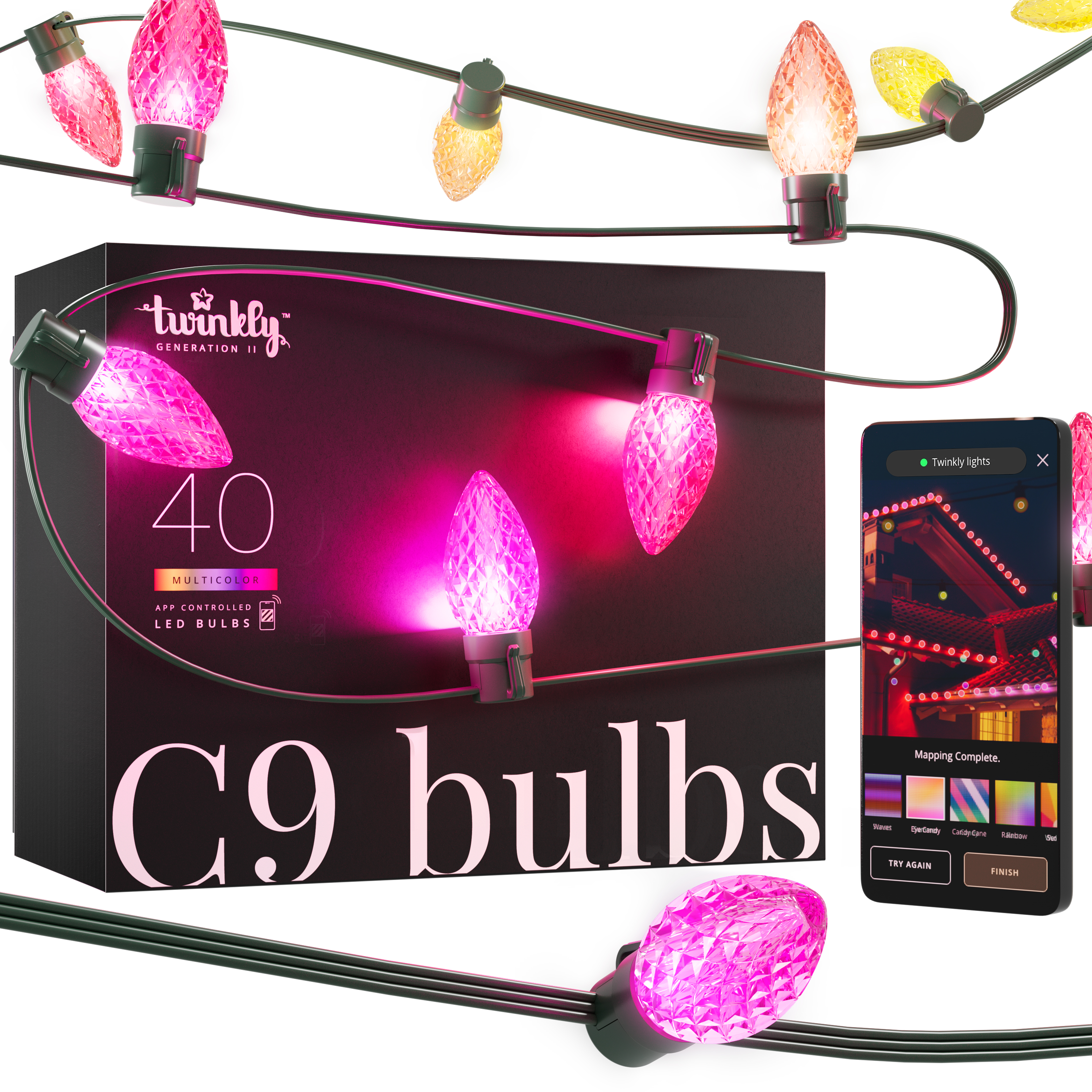 Una stringa di luci con lampadine C9 con una scatola e un telefono che mostra il pannello di controllo.