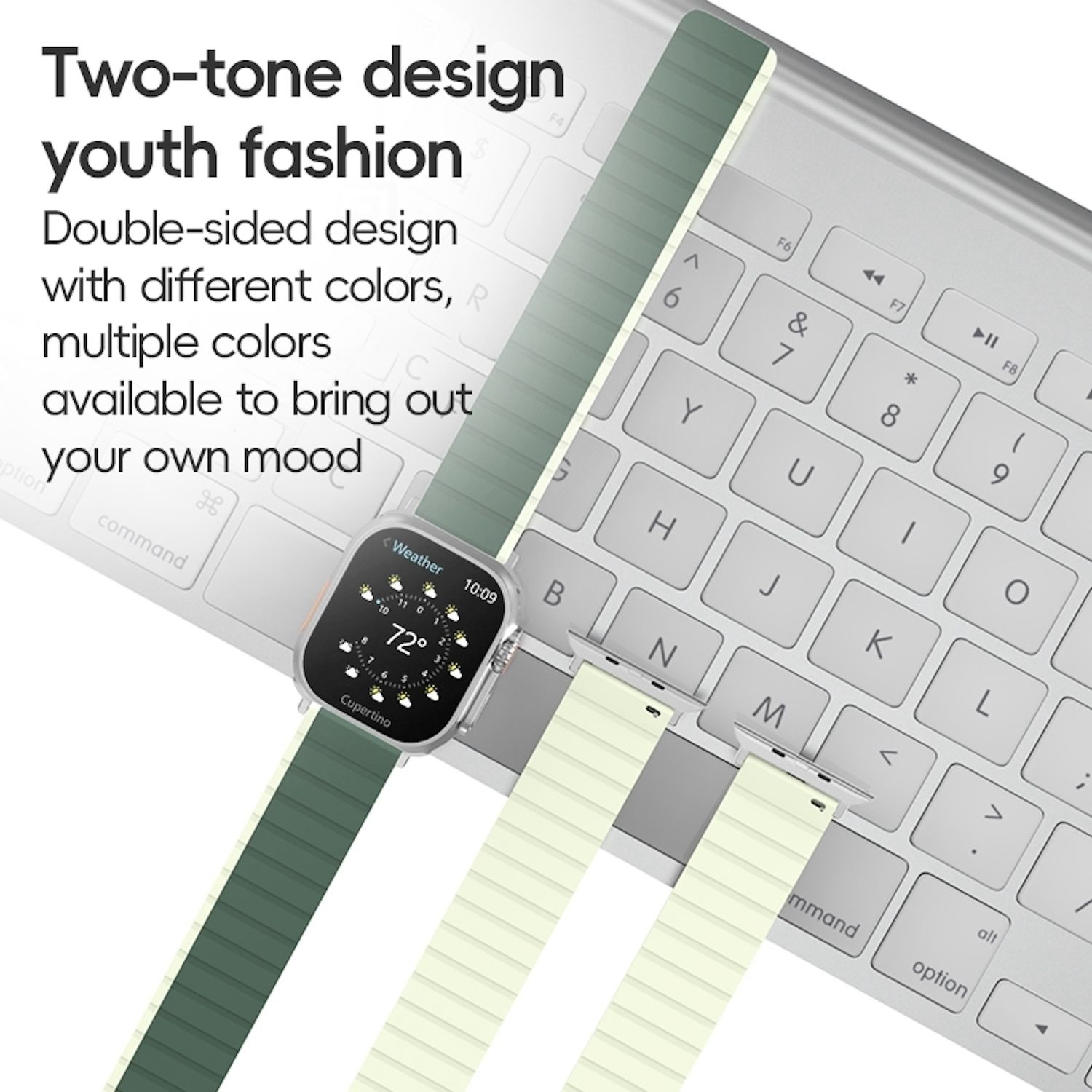 Eine Smartwatch mit grünen und weißen Bändern, auf einer Tastatur. Text über Jugendmode.
