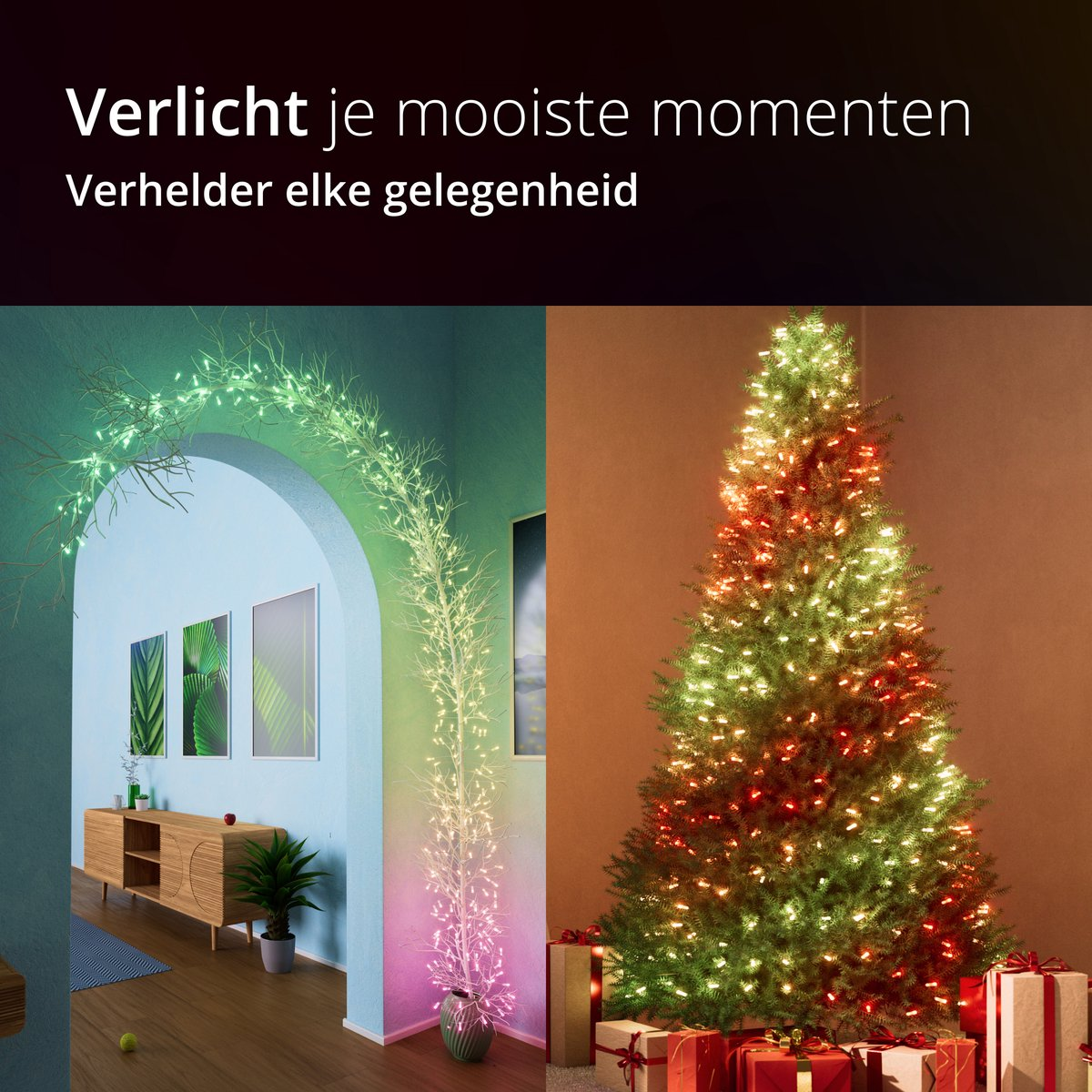 Choinka ozdobiona światłami, drzewko ze światłami na ścianie, a na dole prezenty.