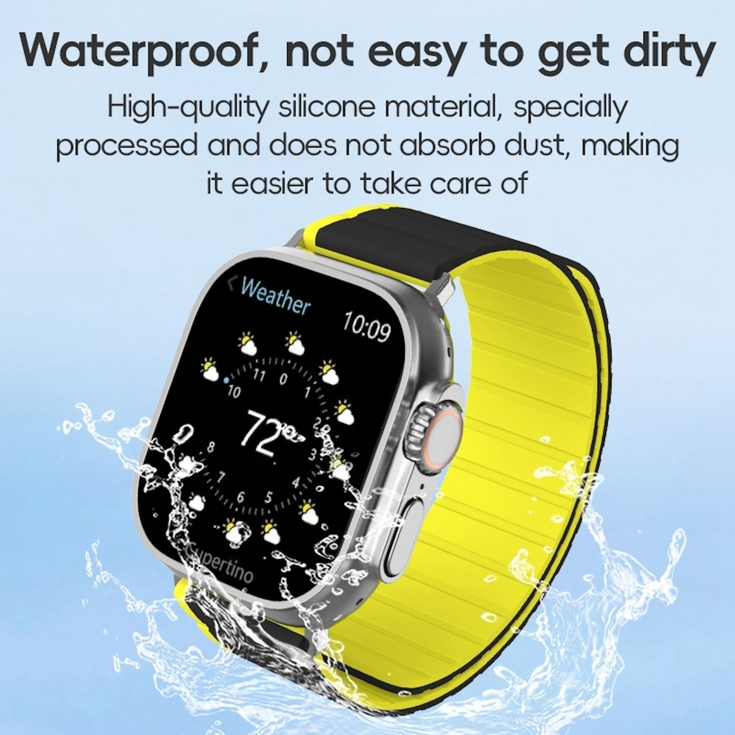 Eine silberne Smartwatch mit gelbem Armband, die Wetter und Uhrzeit anzeigt.