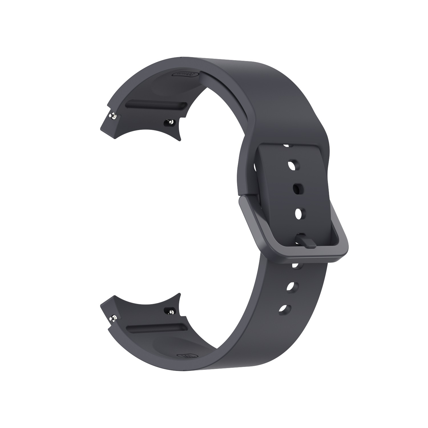 Ein dunkelgraues Smartwatch-Armband mit passender Schnalle, isoliert auf weißem Hintergrund.