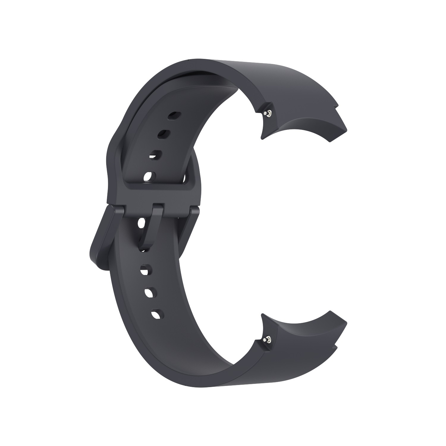 Ein dunkelgraues Smartwatch-Armband mit Verschluss. Das Armband ist gebogen.