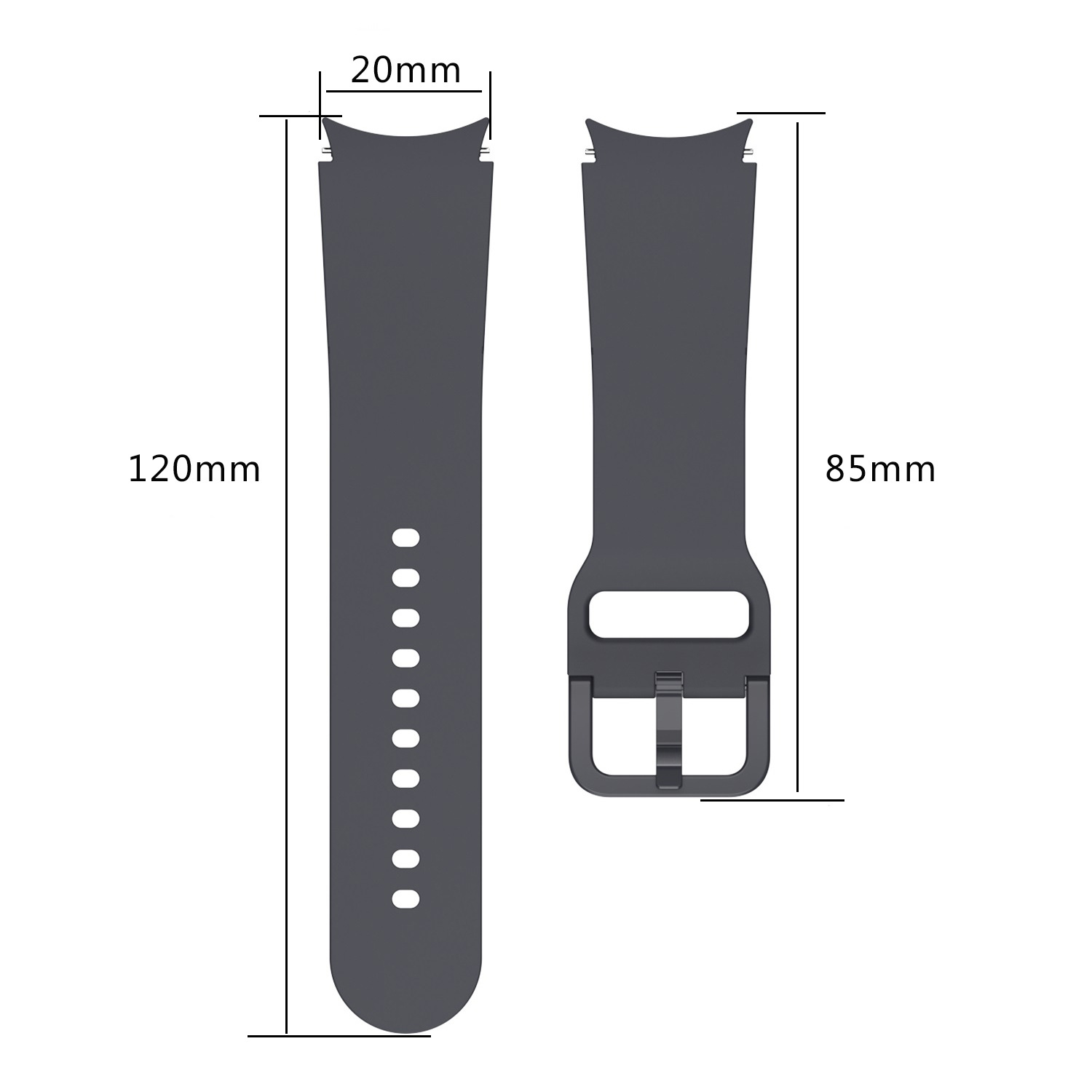 Zwei dunkelgraue Uhrenarmbänder. Eines hat 120 mm Länge und 20 mm Breite, das andere ist 85 mm lang.