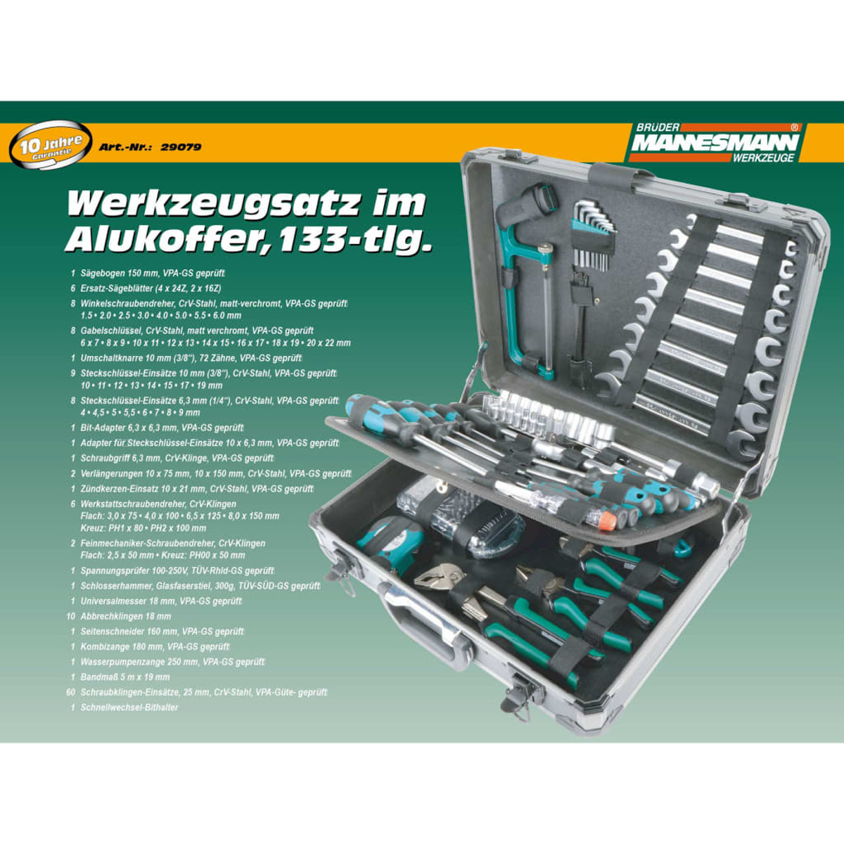 Eine offene Werkzeugkiste mit verschiedenen Werkzeugen darin, mit Text und Logo.