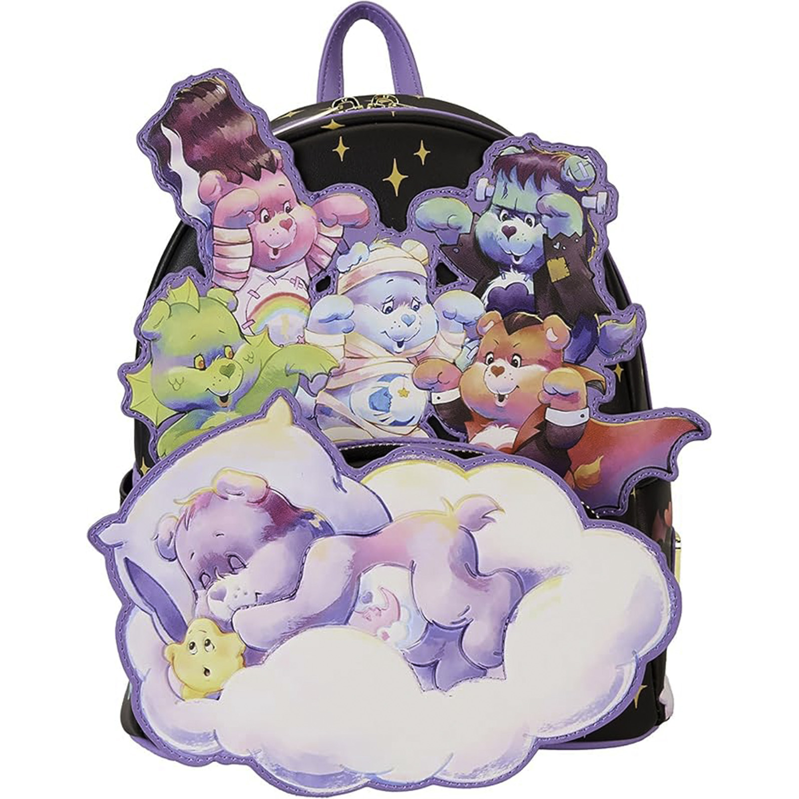 Schwarzer Rucksack mit Care Bears in Halloween-Kostümen. Ein schlafender Bär liegt auf einer Wolke.