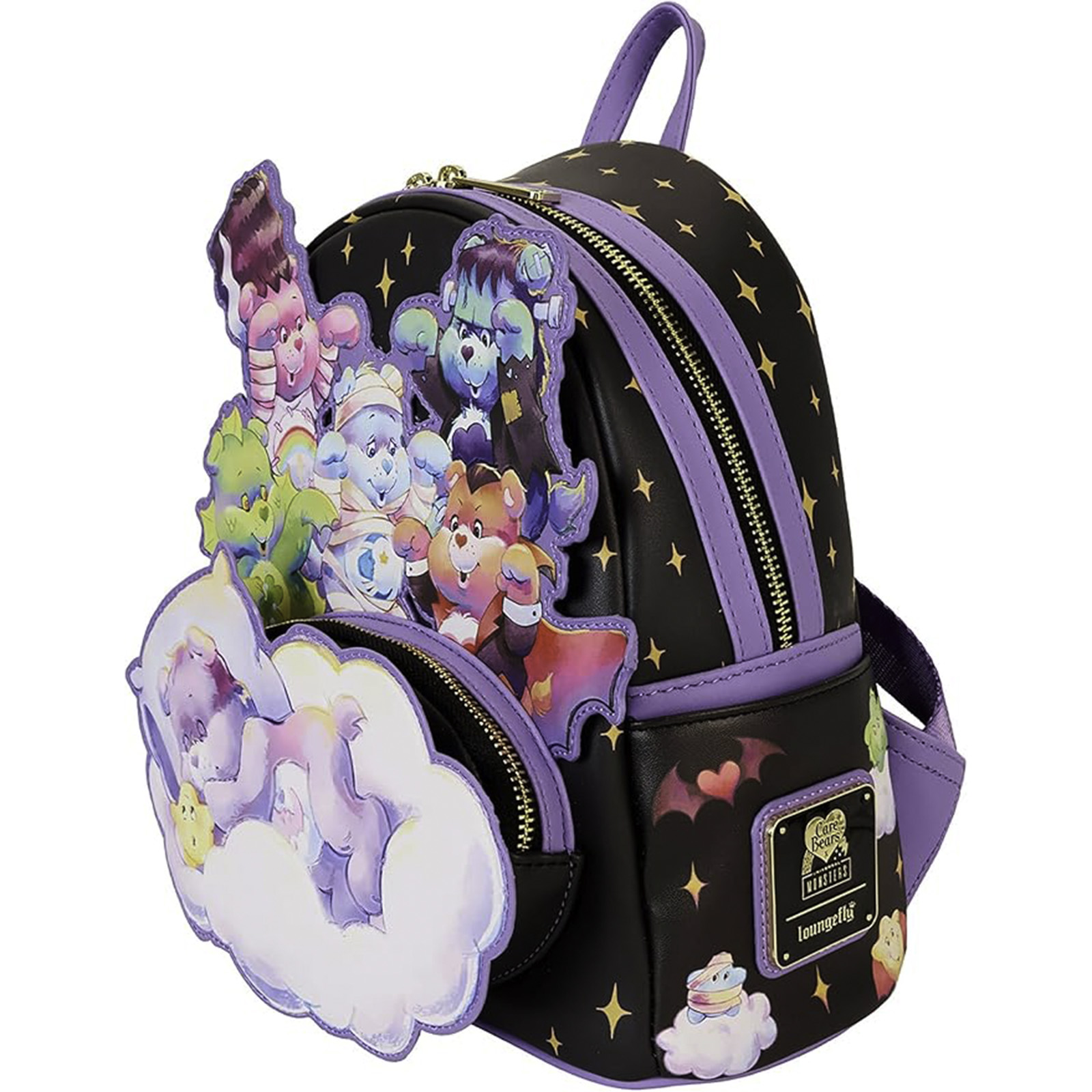 Care Bears Rucksack mit bunten Figuren und lila-schwarzem Design.