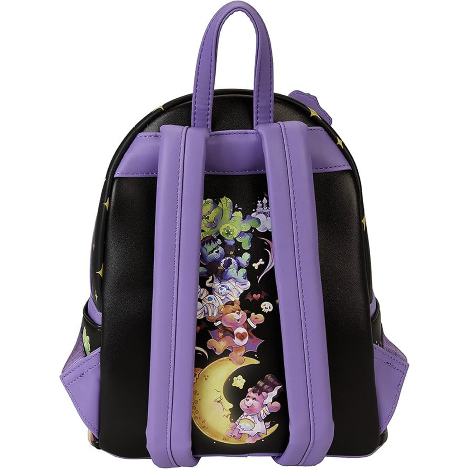 Schwarzer Rucksack mit Care Bears-Design, mit Figuren auf Mond und Sternen.