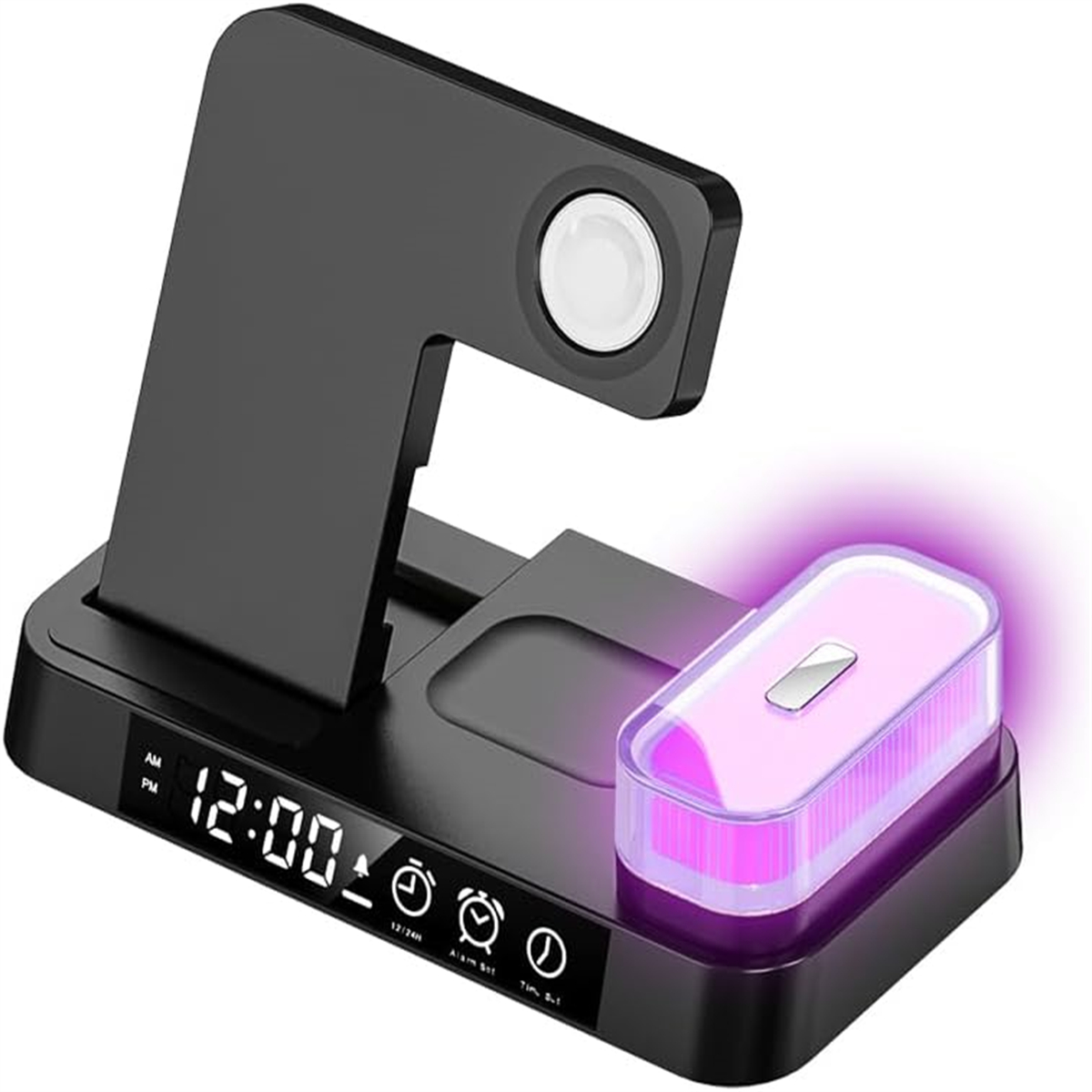 Eine schwarze Ladestation mit Digitaluhr. Sie hat ein Apple Watch Ladegerät und ein kabelloses Ladegerät.