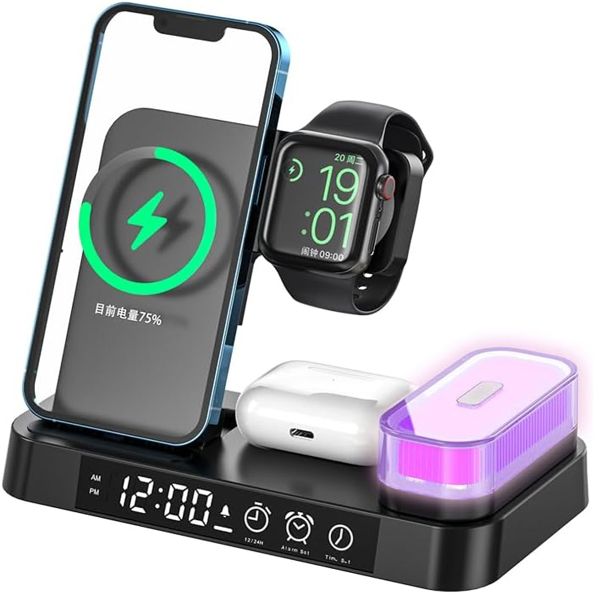 Eine Ladestation mit Telefon, Uhr, Ohrhörern und Display.