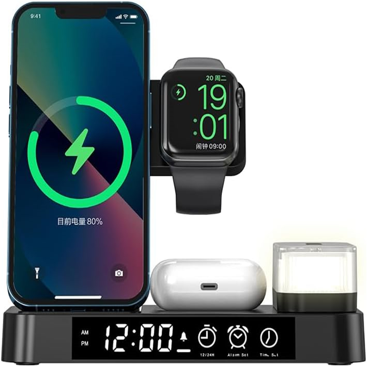 Ladestation mit Handy, Uhr und Ohrhörern. Das Handy wird geladen.