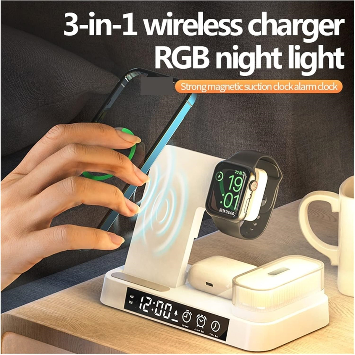 Kabelloses Ladegerät mit Telefon, Uhr und Ohrhörern. Es hat auch eine Uhr. Eine Hand berührt das Telefon.