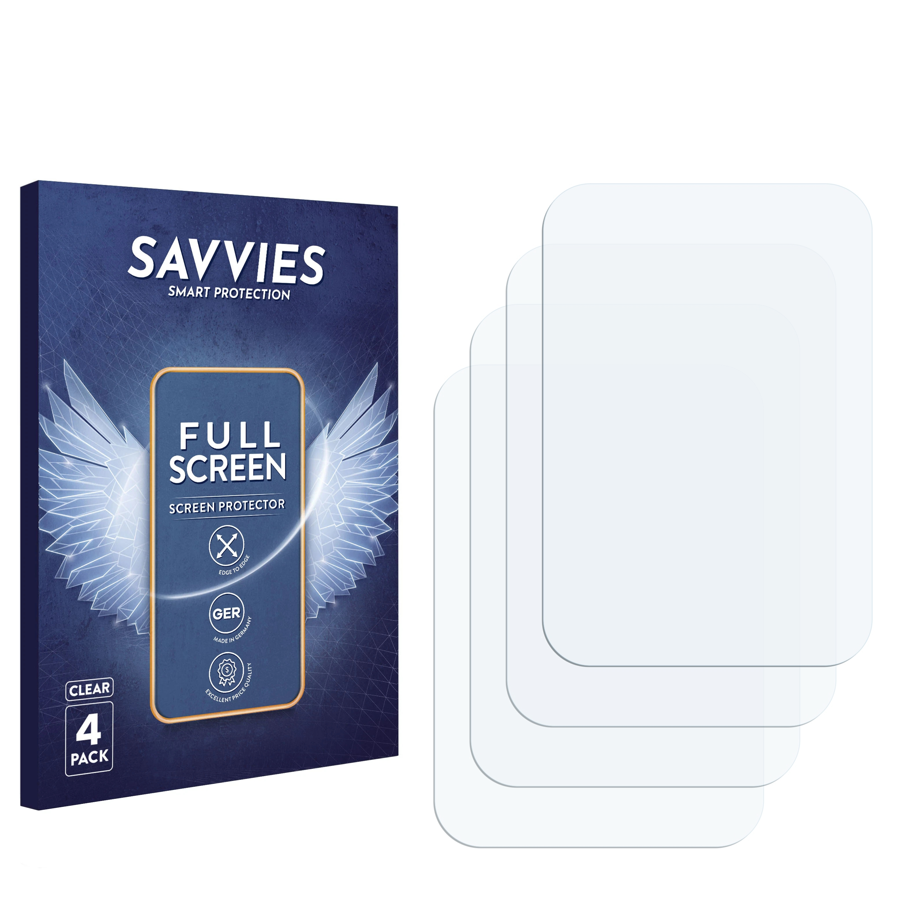 Eine Displayschutzfolienbox und vier klare Displayschutzfolien. Die Box hat Flügel und eine Handy-Grafik.
