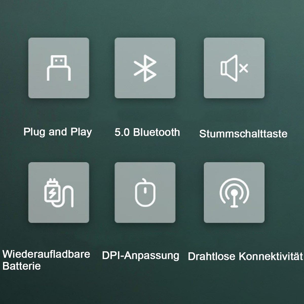 Sechs Symbole für verschiedene Funktionen: Plug and Play, 5.0 Bluetooth, Stummschaltung, Akku, DPI, Drahtlose Konnektivität.