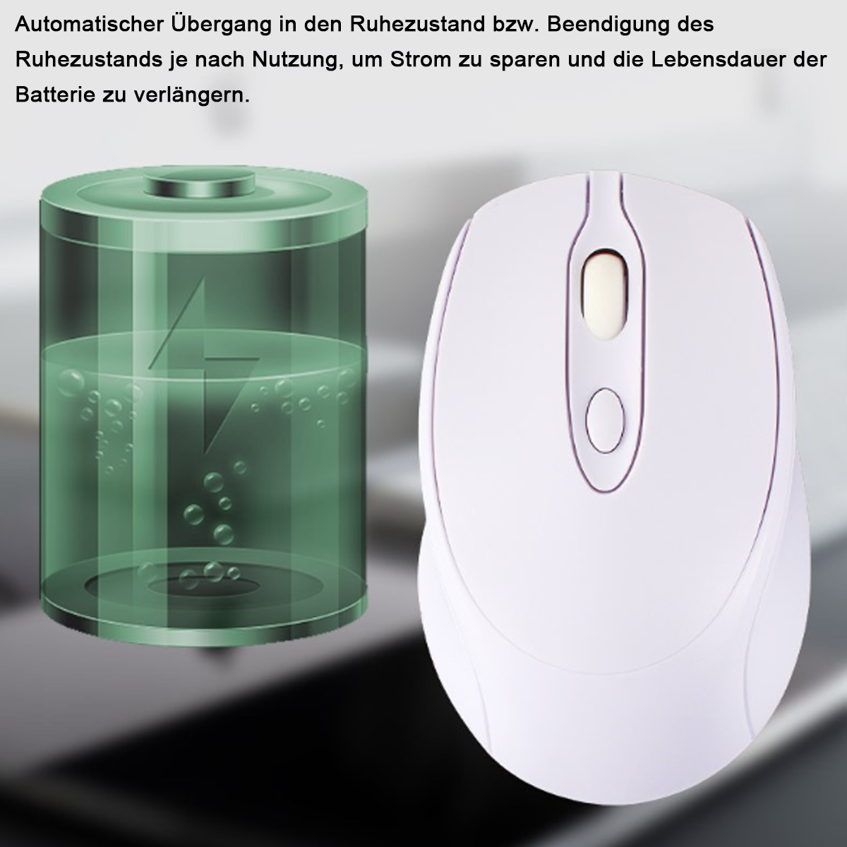Weiße Computermaus und eine transparente grüne Batterie. Die Maus hat ein Scrollrad.