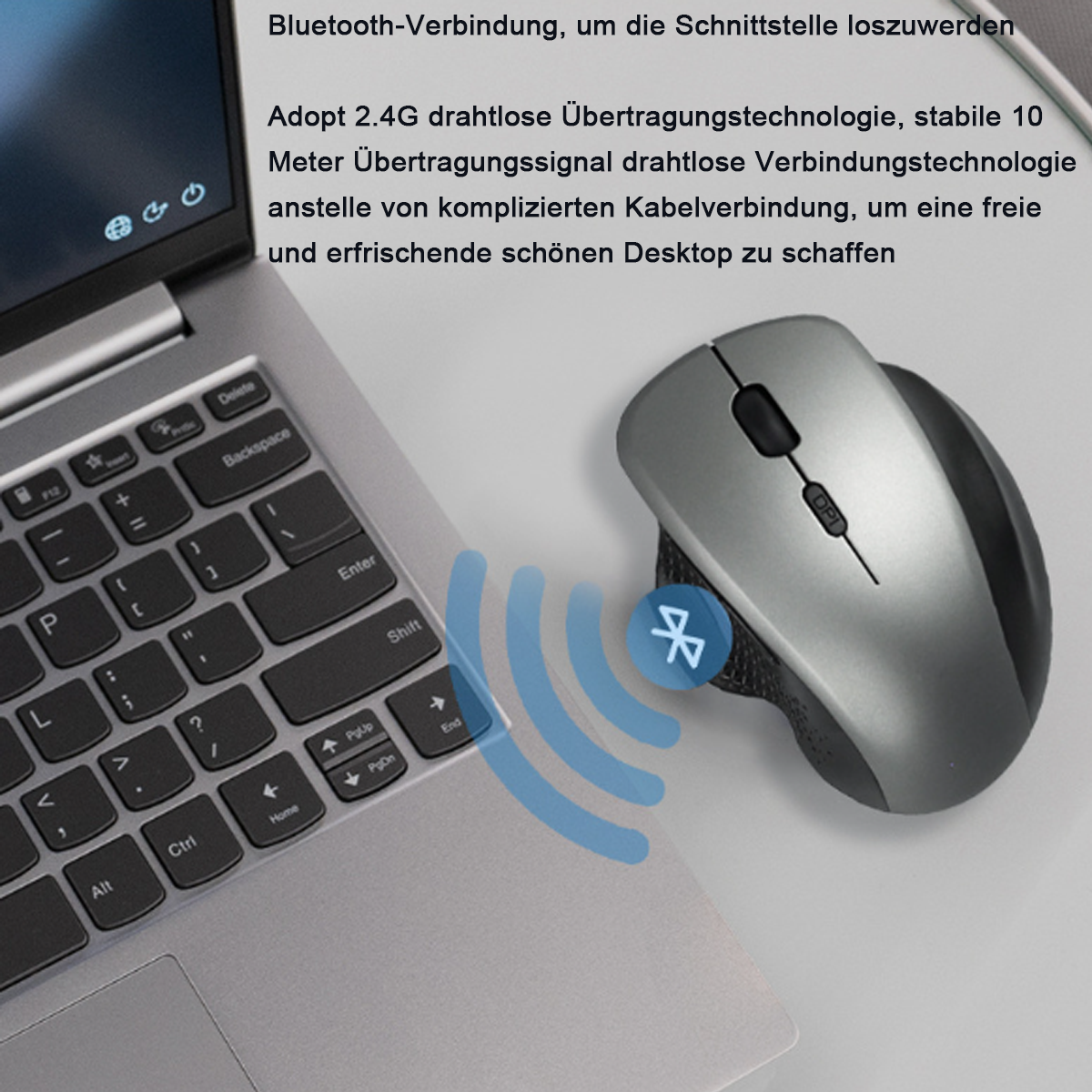 Laptop-Tastatur mit Maus rechts. Blauer Bluetooth-Signal.