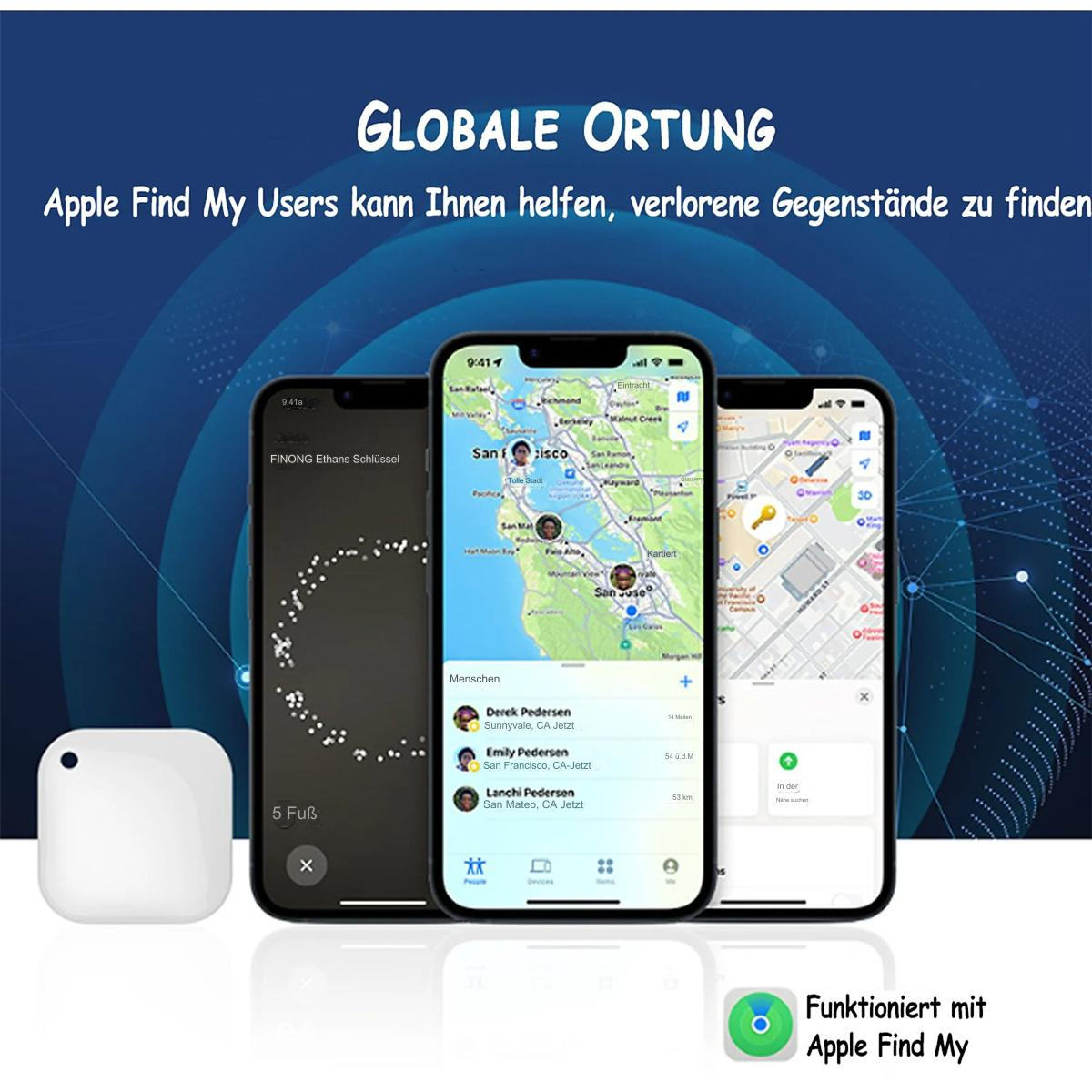 Drei iPhones zeigen eine Karte und einen weißen Tracker. Text: Globale Ortung und Apple Find My.