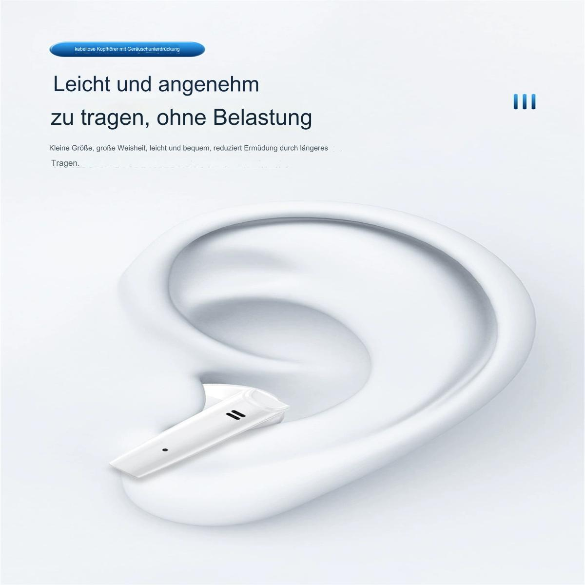 Ein Ohr, ein weißer Ohrhörer und Text in einem weichen, hellen Farbschema.