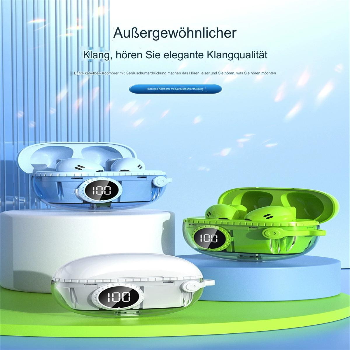 Kopfhörer in blauen, grünen und weißen Hüllen, mit der digitalen Zahl 100 auf jeder.