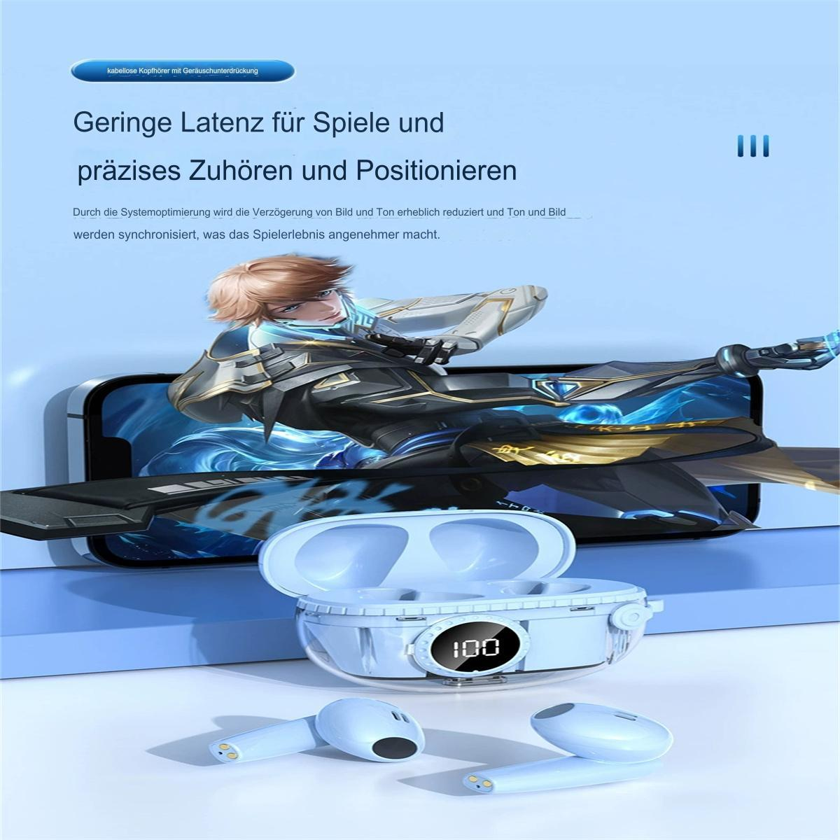 Kopfhörer in einem Ladecase und ein Telefon auf einem Hintergrund mit Text.