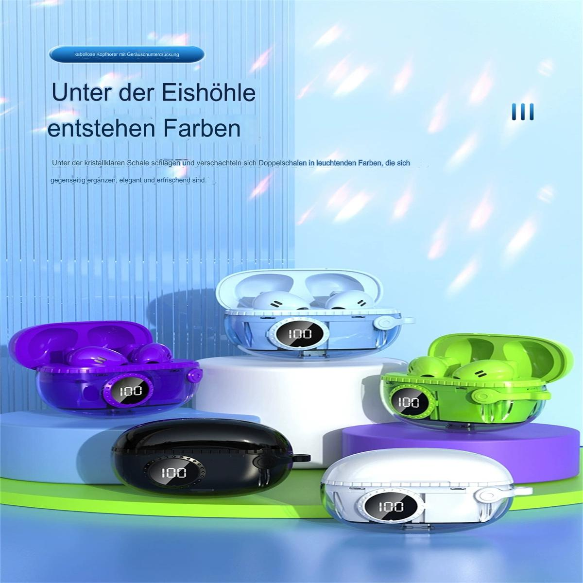 Kopfhörer in Hüllen. Vier Hüllen sind in verschiedenen Farben geöffnet. Deutscher Text ist vorhanden.