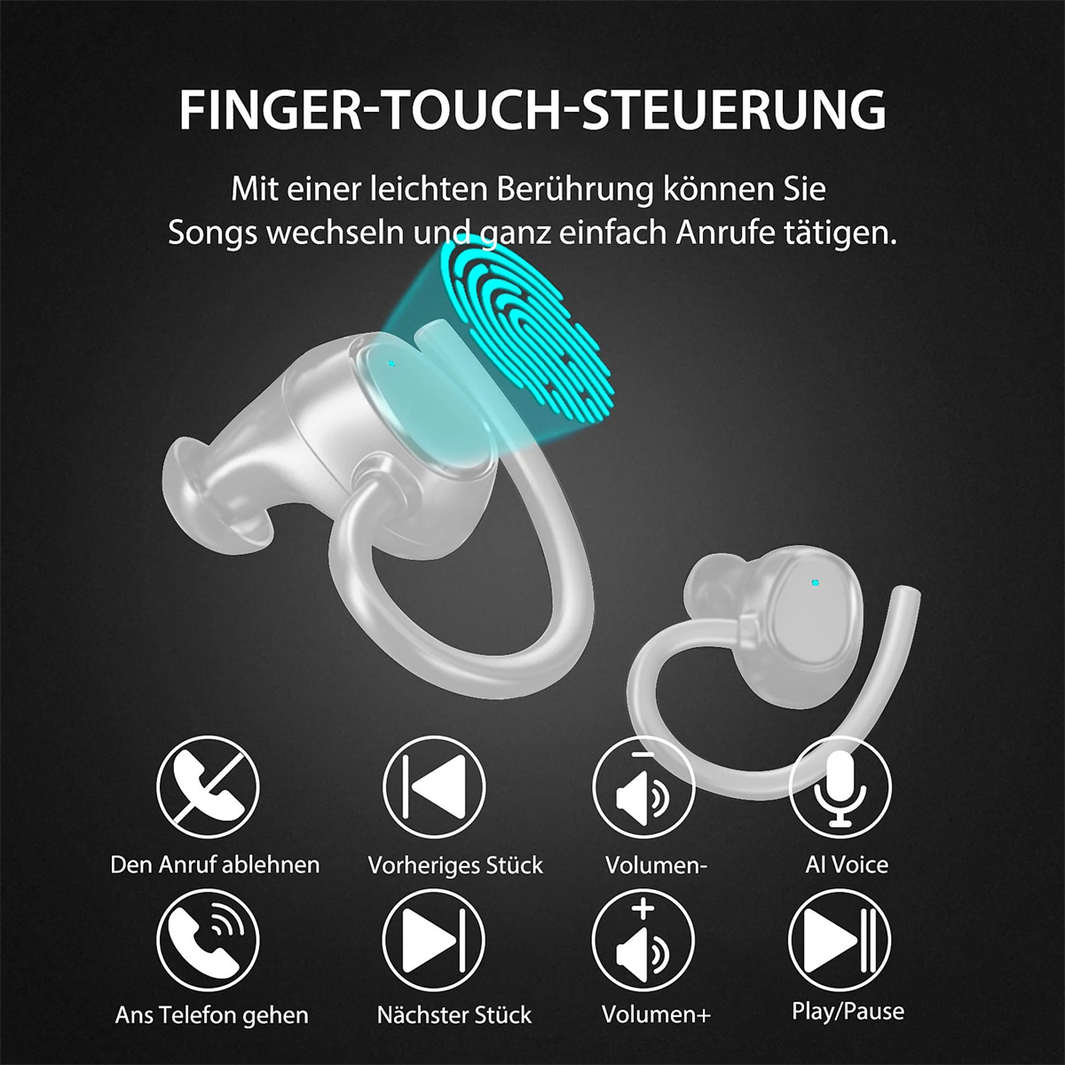 Ohrhörer mit Touch-Steuerungssymbolen, die Aktionen wie Lautstärke, Wiedergabe/Pause und Anrufsteuerung zeigen.