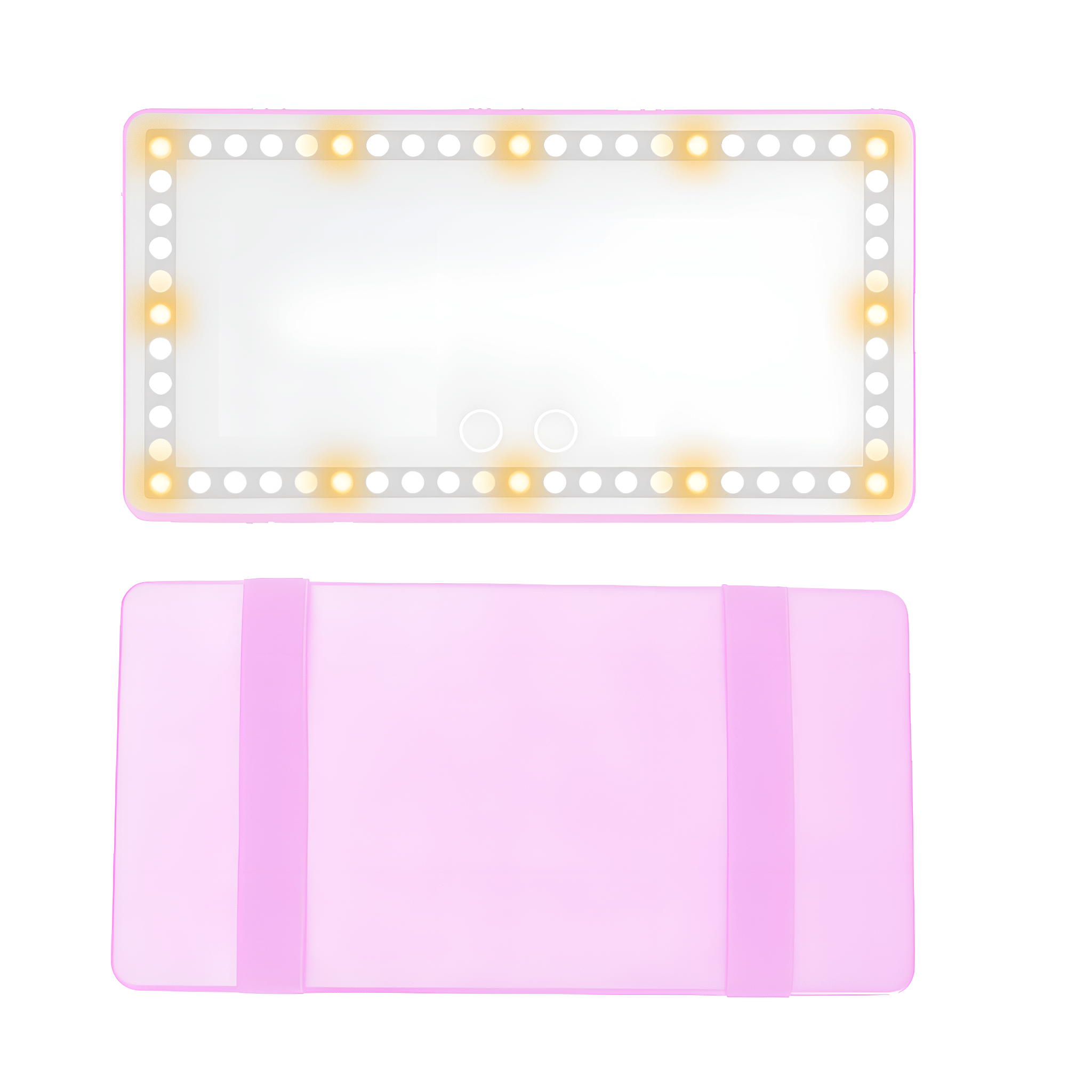 Ein pinker Schminkspiegel mit weißen Lichtern am Rand und einer pinken Rückseite.
