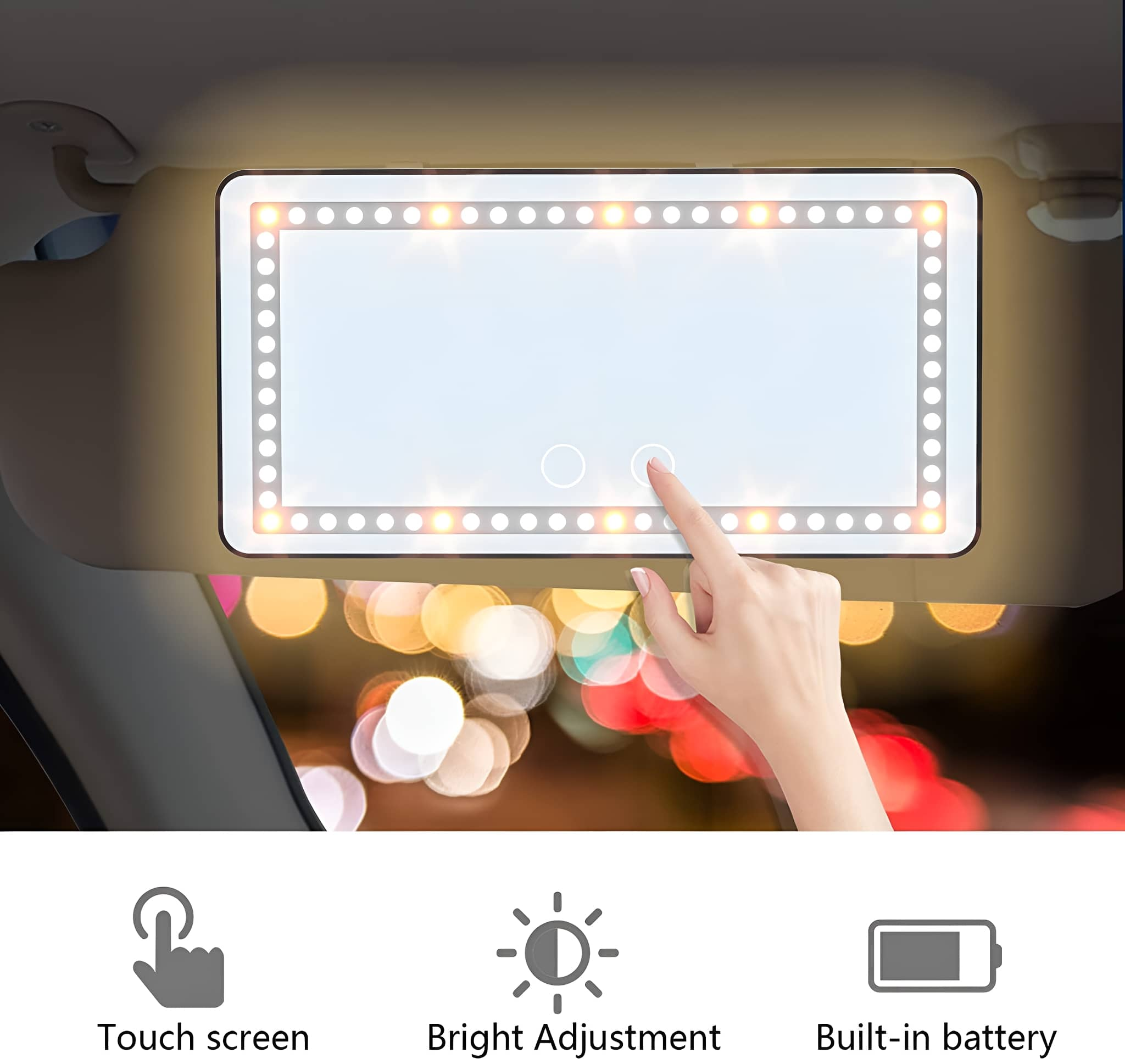 Eine Autosonnenblende mit eingebautem Spiegel und Lichtern. Eine Hand berührt den Spiegel. Text: Touchscreen, Helligkeitsanpassung.