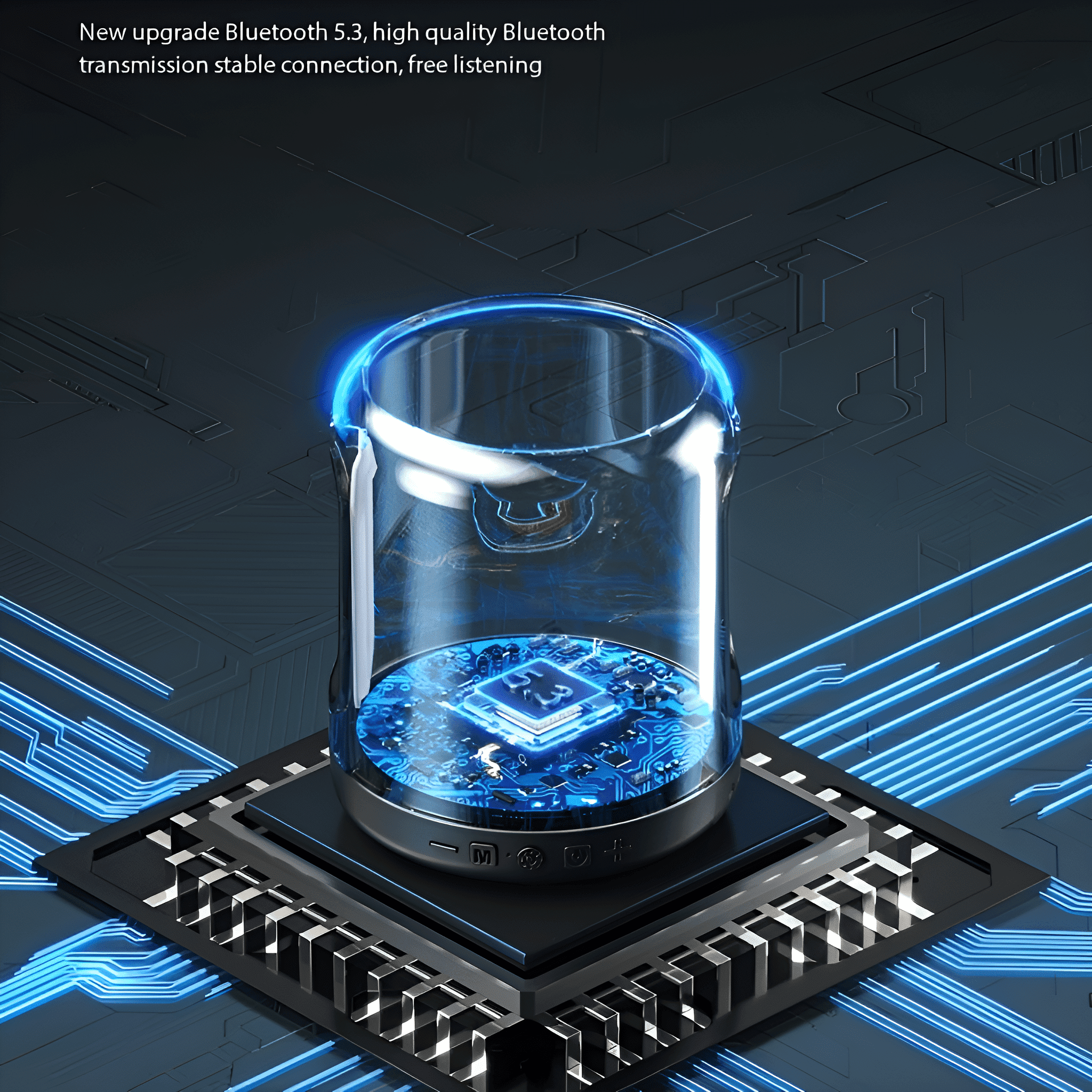 Blau leuchtendes Gerät mit Digitalanzeige. Es befindet sich auf einer schwarzen Oberfläche mit Leiterplattendesigns.