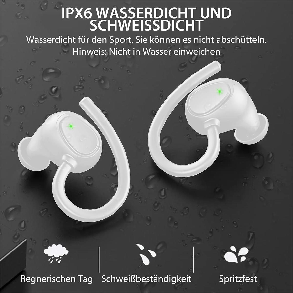 Weiße kabellose Ohrhörer mit Ohrbügeln. Texte: wasserdicht, schweißbeständig und spritzwassergeschützt.