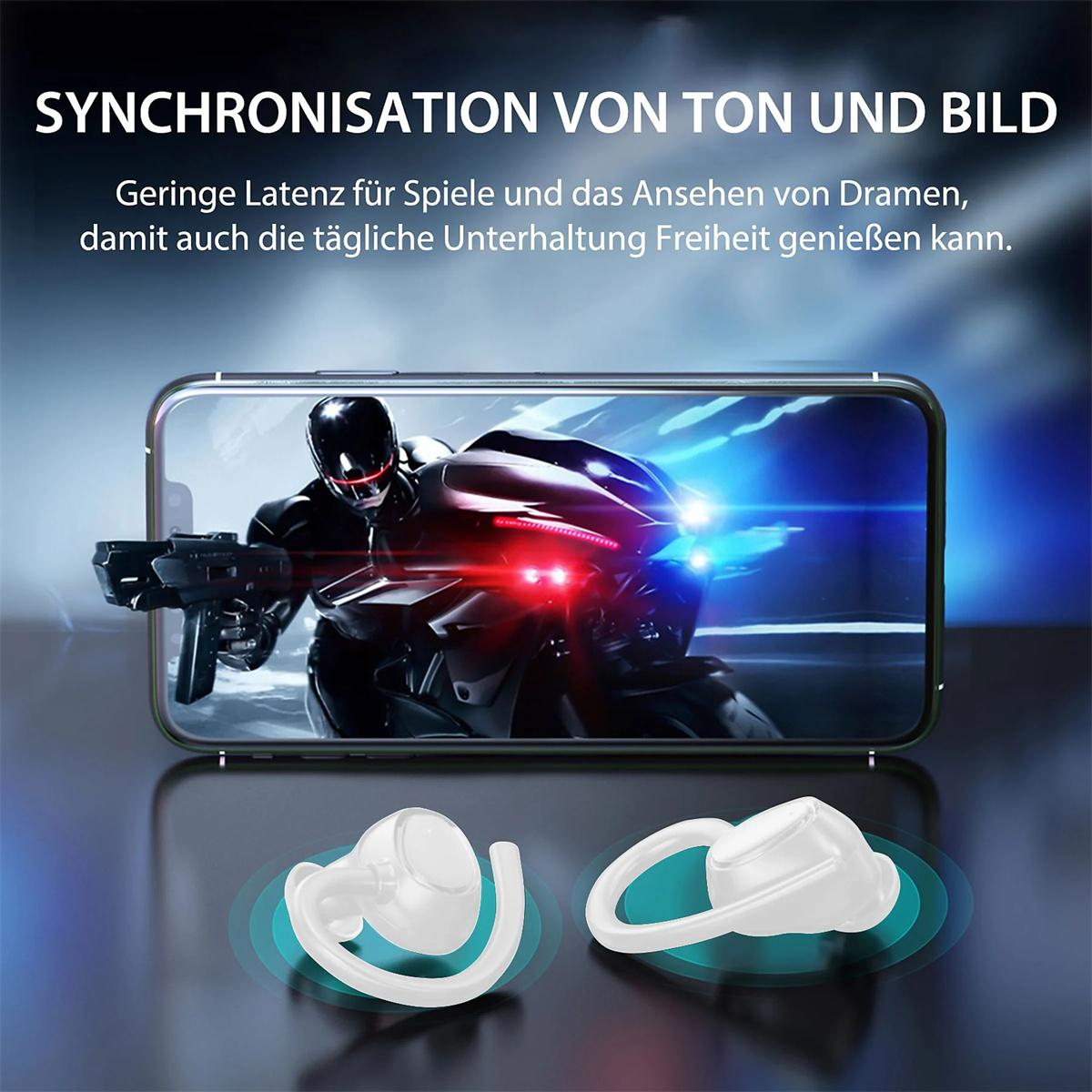 Weiße Ohrhörer, ein Telefon mit einem Biker und deutscher Text über Synchronisation und Unterhaltung.