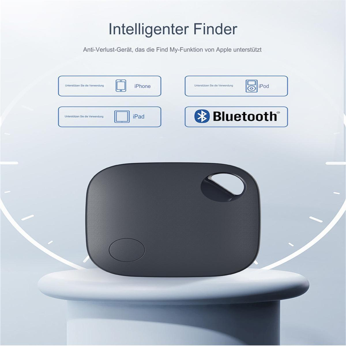 Schwarzer, quadratischer Tracker mit Bluetooth-Logo und Symbolen für iPhone, iPad und iPod.