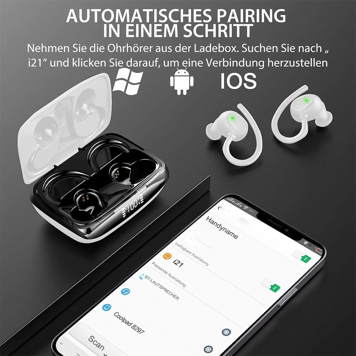 Ohrhörer mit Ladecase und ein Mobiltelefon, das einen Pairing-Bildschirm anzeigt.