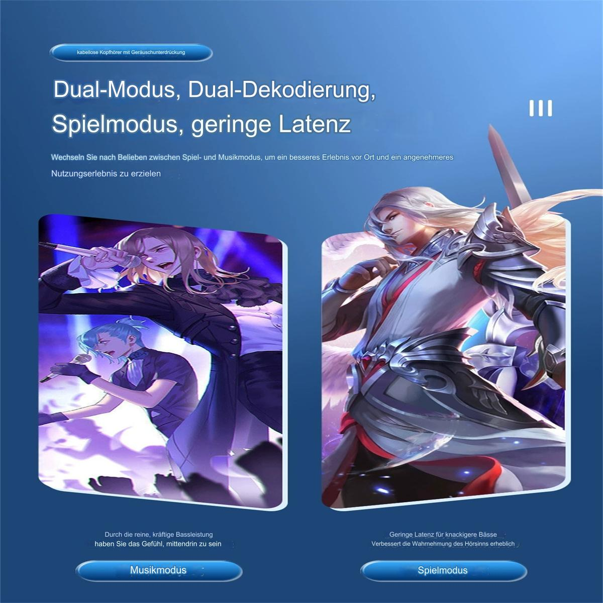Bilder mit Text über Dual-Modus, Dual-Dekodierung und Gaming-Modus. Charaktere erscheinen.