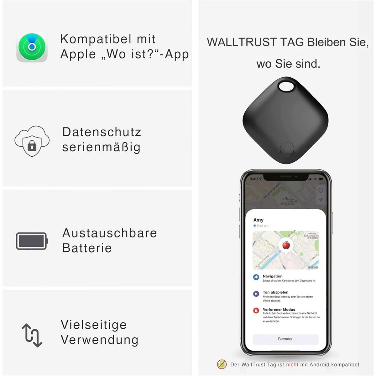 Schwarzer Tracker mit App-Details auf einem Telefonbildschirm. Weißer Hintergrund.