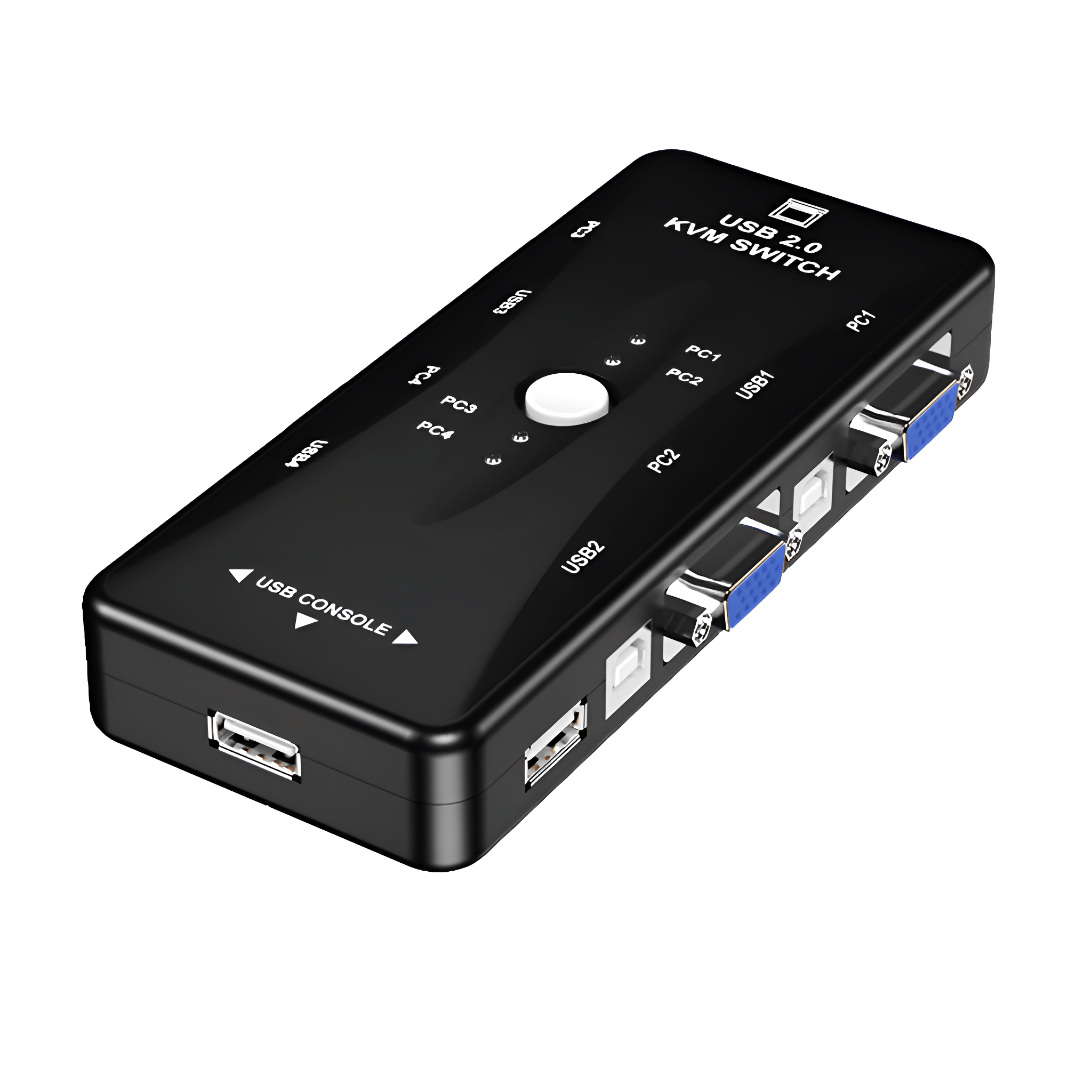 Ein schwarzer USB 2.0 KVM-Switch mit mehreren Anschlüssen und einem USB-Konsoleneingang.