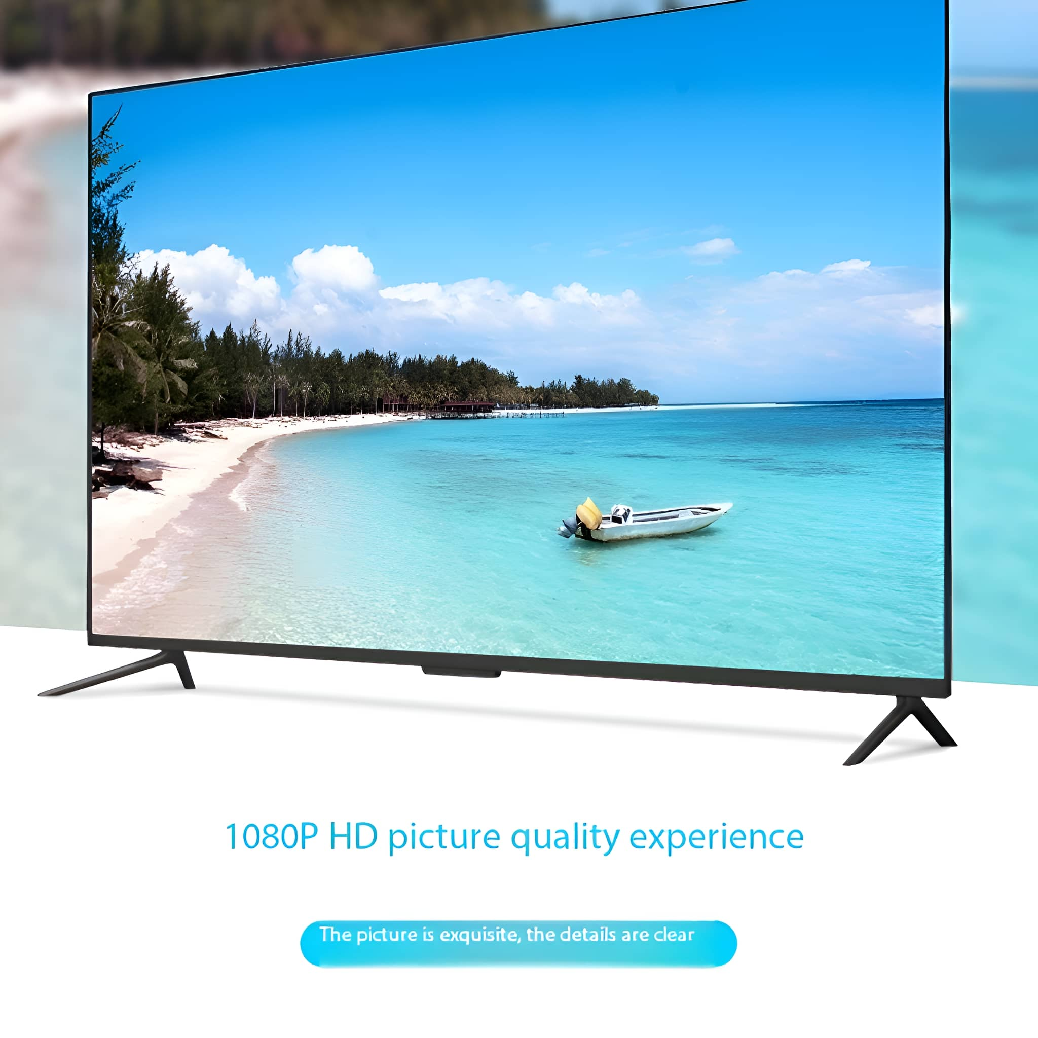 Ein Fernseher, der eine Strandszene mit einem weißen Boot zeigt. Der Himmel ist blau mit Wolken.