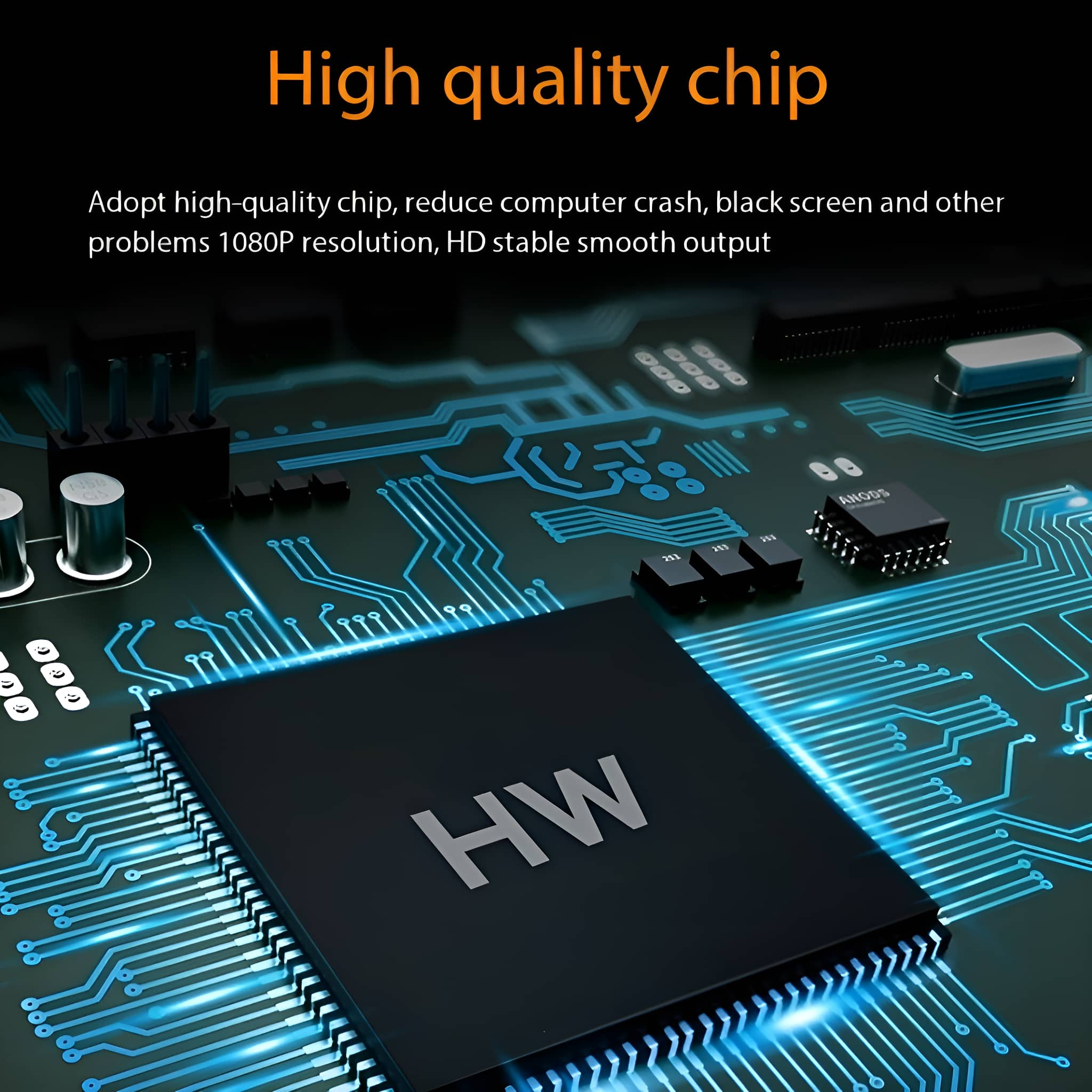 Nahaufnahme einer Platine mit einem schwarzen Chip mit der Aufschrift 'HW' und Text über die Chipqualität.
