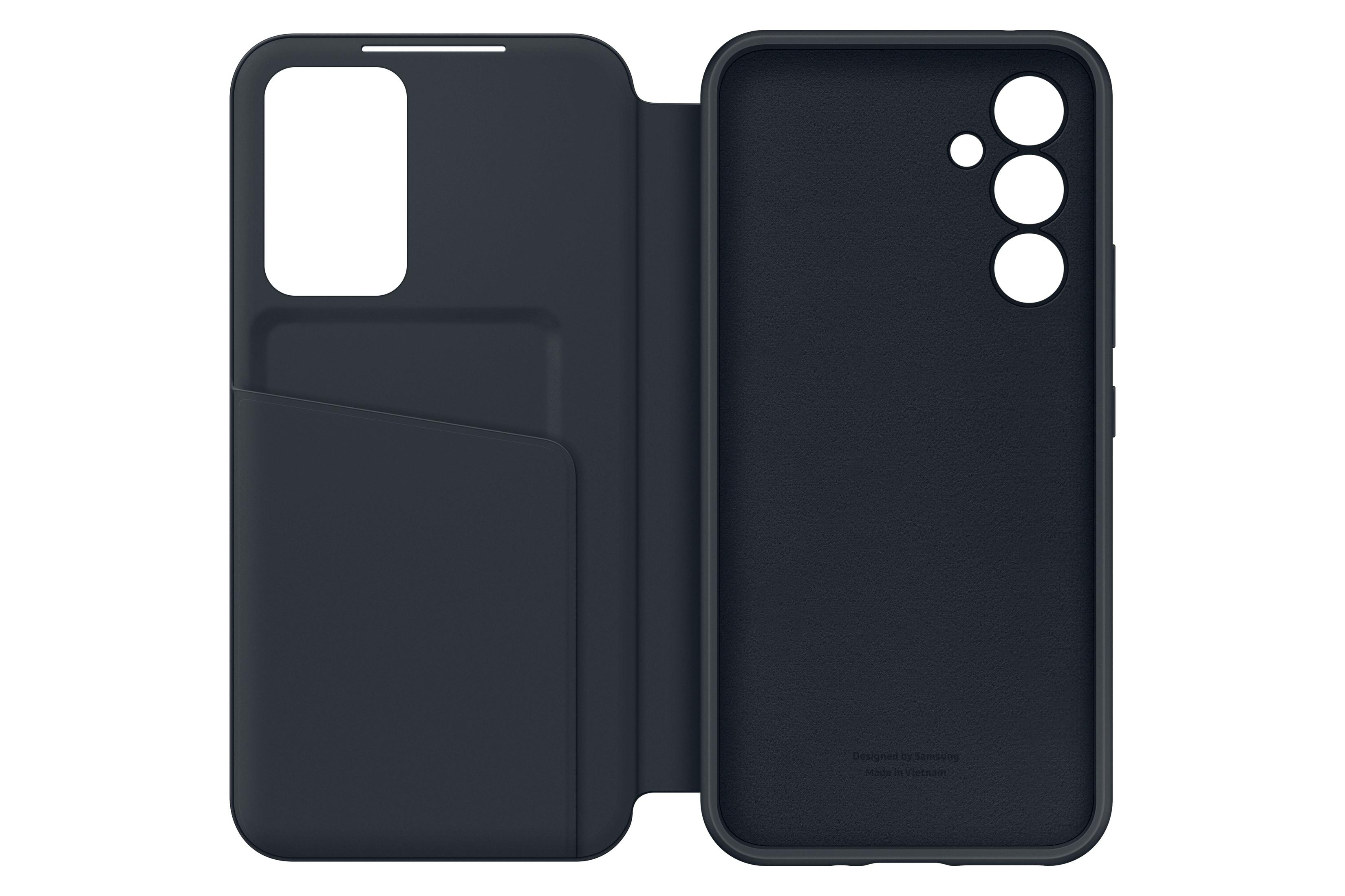 Funda de teléfono azul oscuro abierta. El lado izquierdo tiene un bolsillo, el derecho un recorte para la cámara.