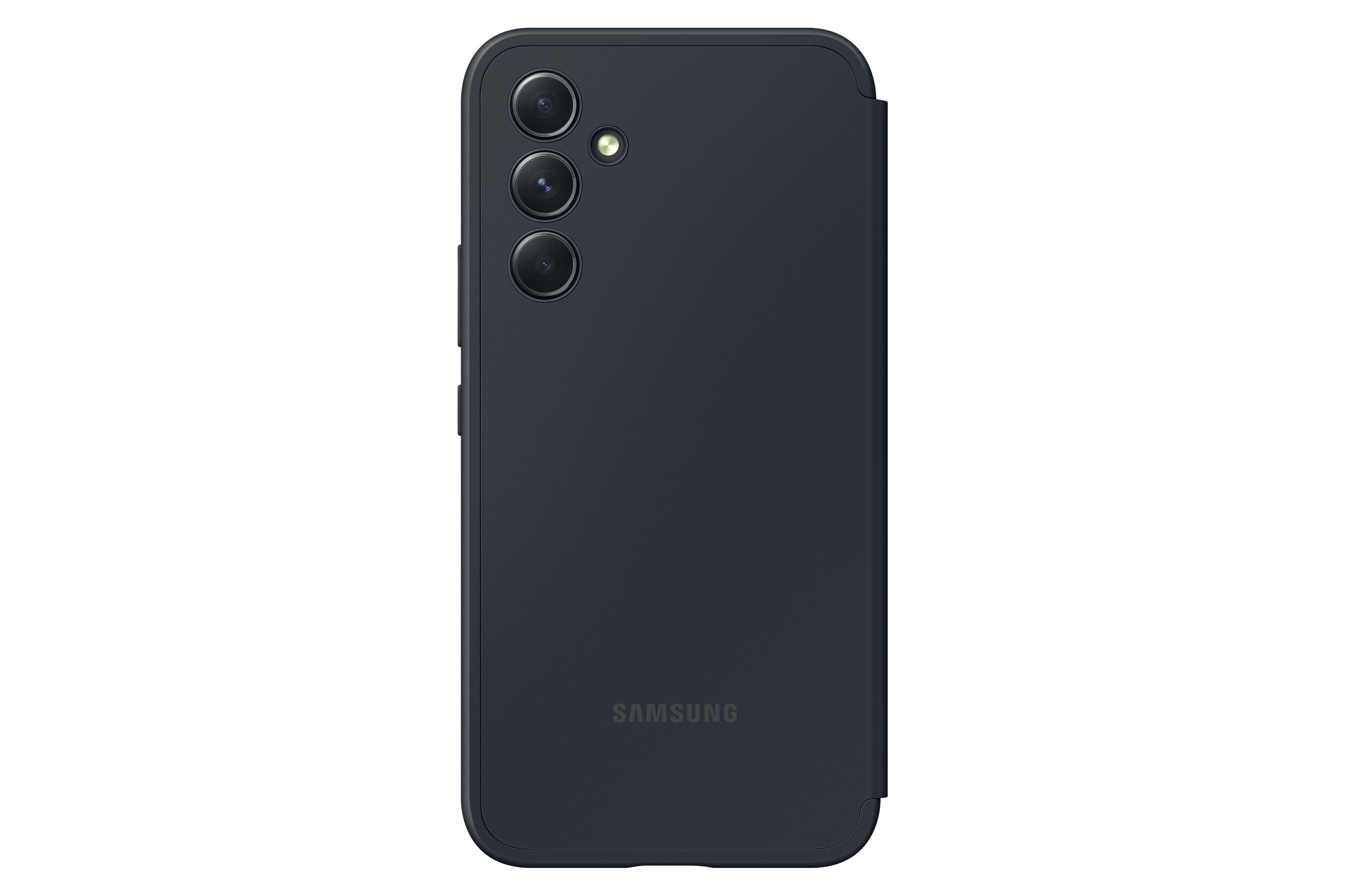 Parte trasera de un teléfono Samsung azul oscuro con triple cámara y una cubierta negra.