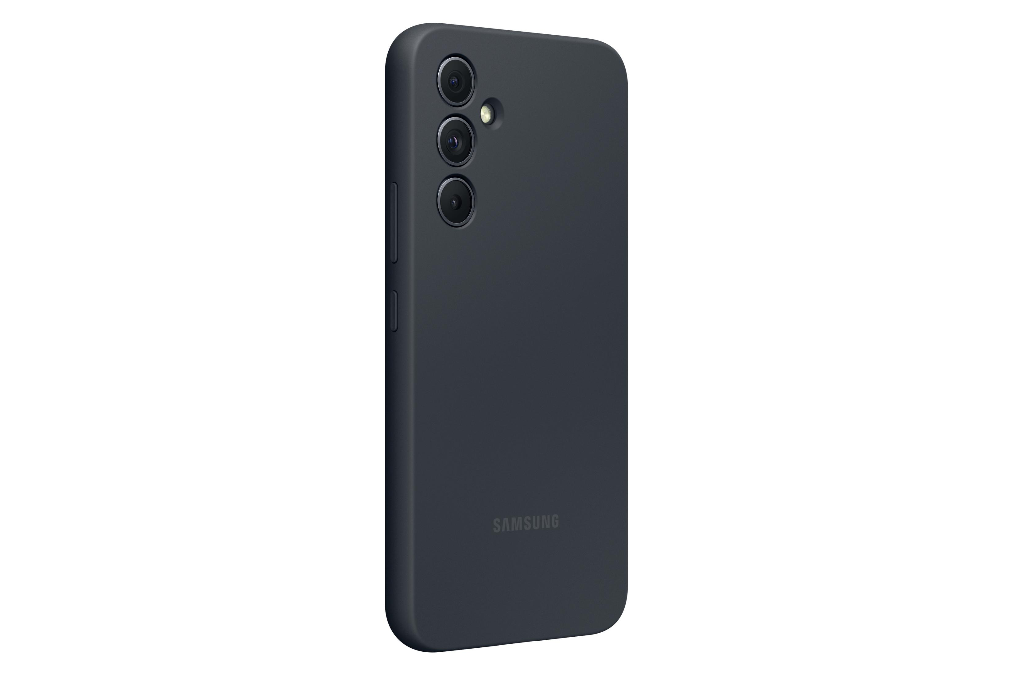 Custodia per telefono blu scuro con ritagli per fotocamera e logo Samsung.