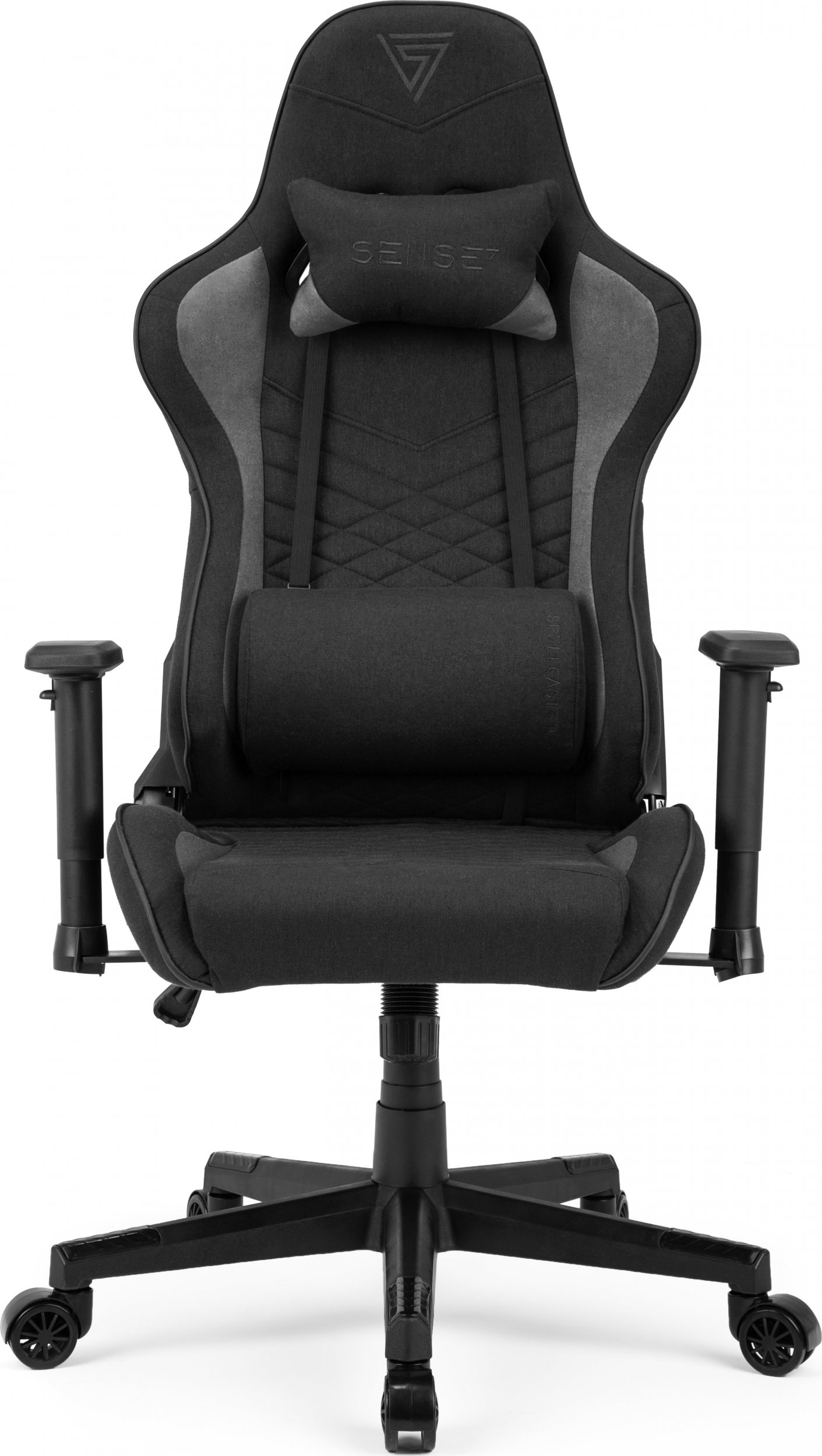 Zwarte en grijze gamingstoel met kussen en armleuningen.