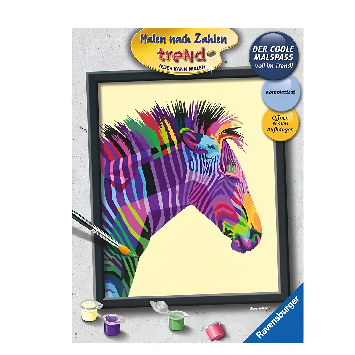 Zebra-Malset mit Farbtöpfen und Pinsel. Helle Farben auf gelbem Hintergrund.