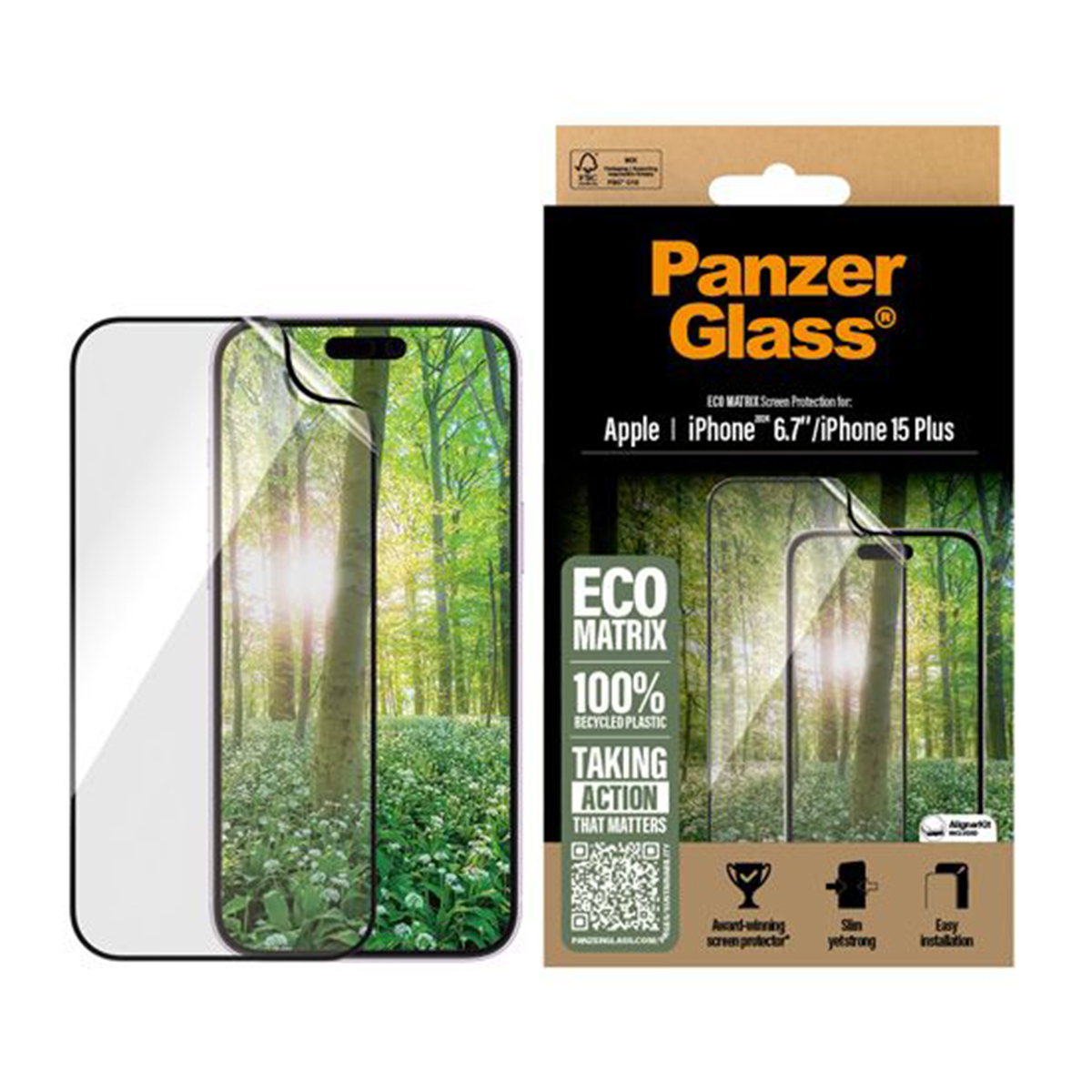Scatola per protezione schermo telefono con immagine della foresta. Eco Matrix, PanzerGlass.